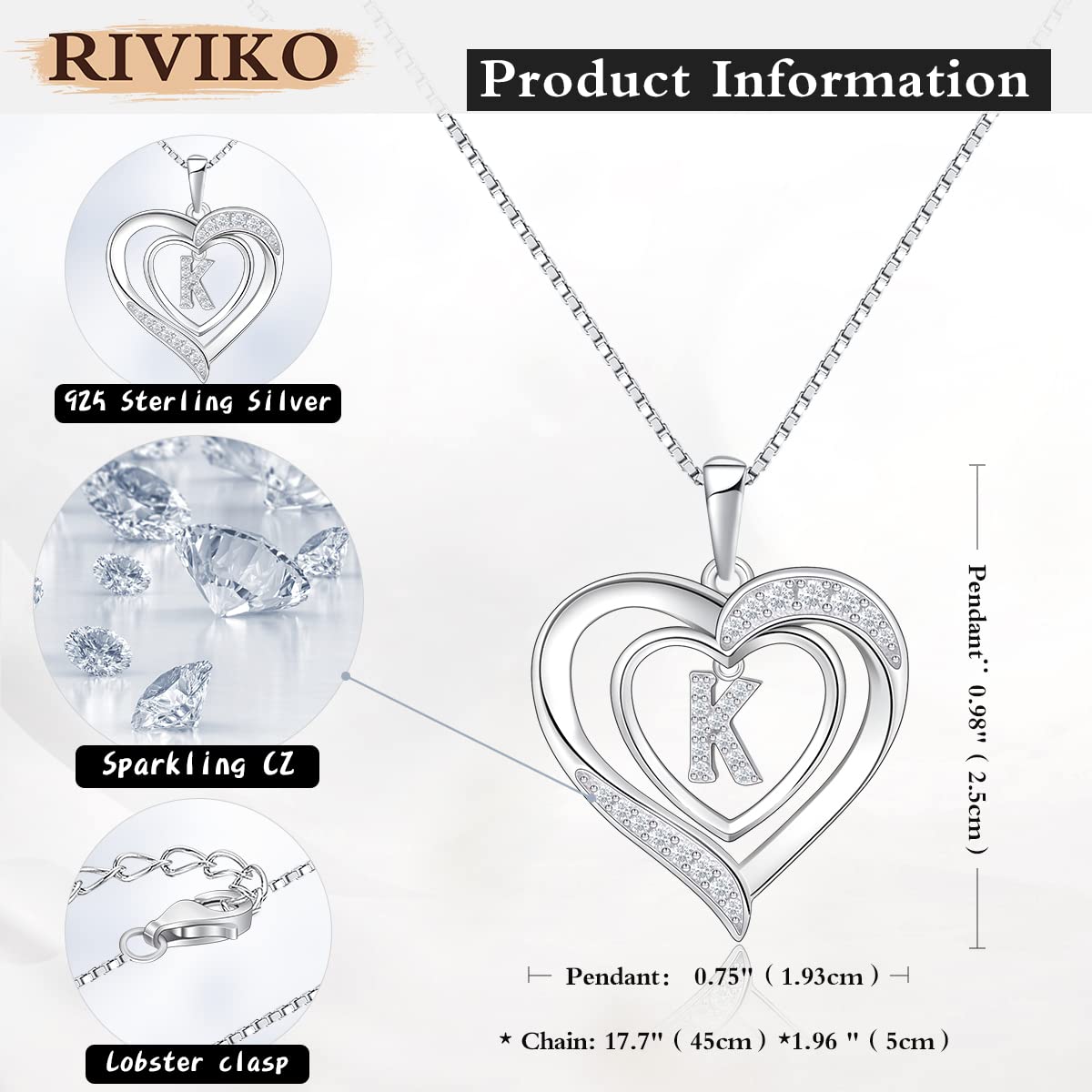 RIVIKO Personalized 925 Sterling Silver Heart Initial Necklace for Women - Custom Letter Pendant Charm Jewelry for Valentine's Day, Mother's Day, Anniversary, Christmas & Birthday Gifts - Perfect for Her, Mom, Wife | Elegant Everyday Wear & Special Occasion Gift