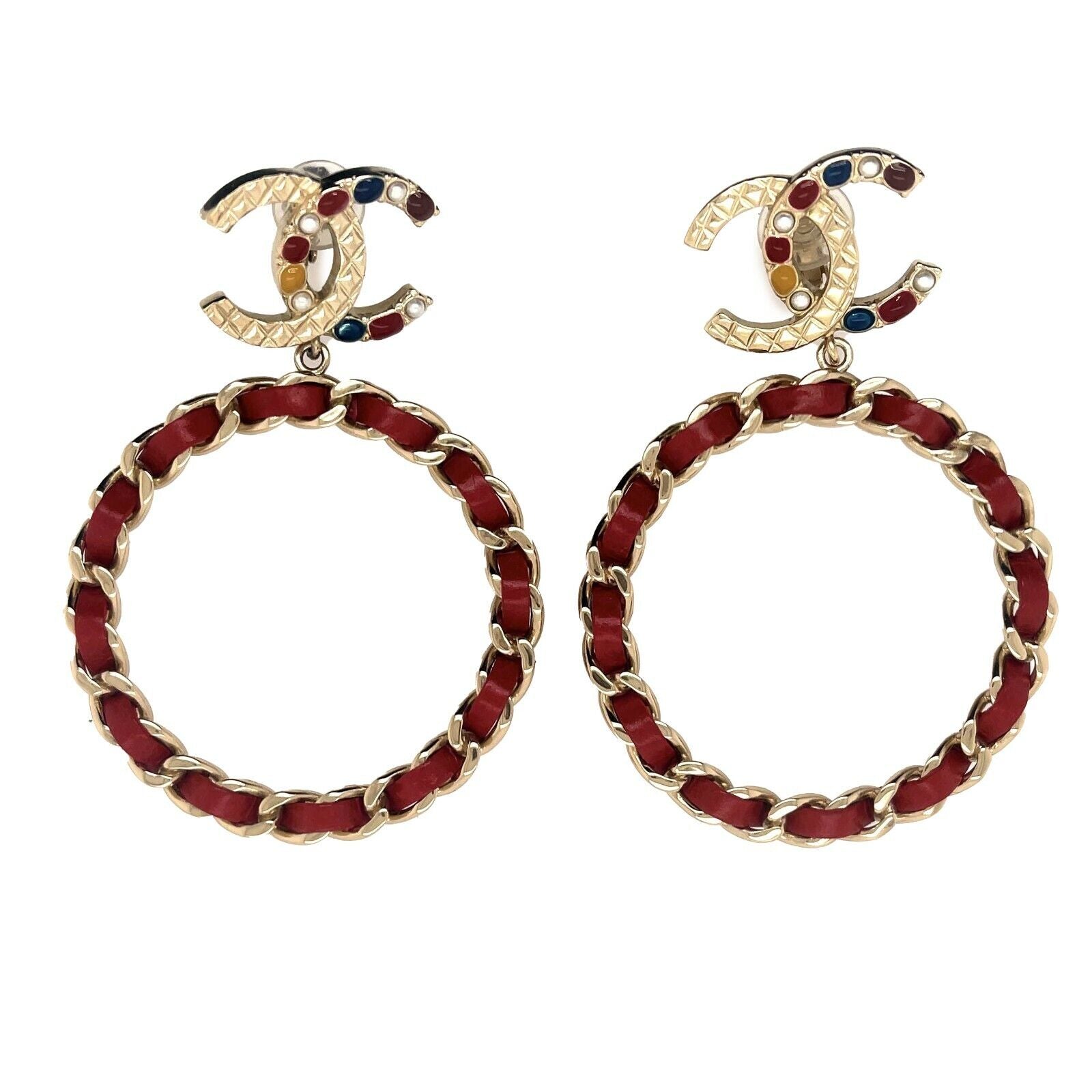 CHANEL 19K CC Chain Hoop Clip-On Earrings in Champagne Gold & Quilted Red - Luxury Fashion Jewelry for Women, Perfect for Parties, Weddings & Special Occasions