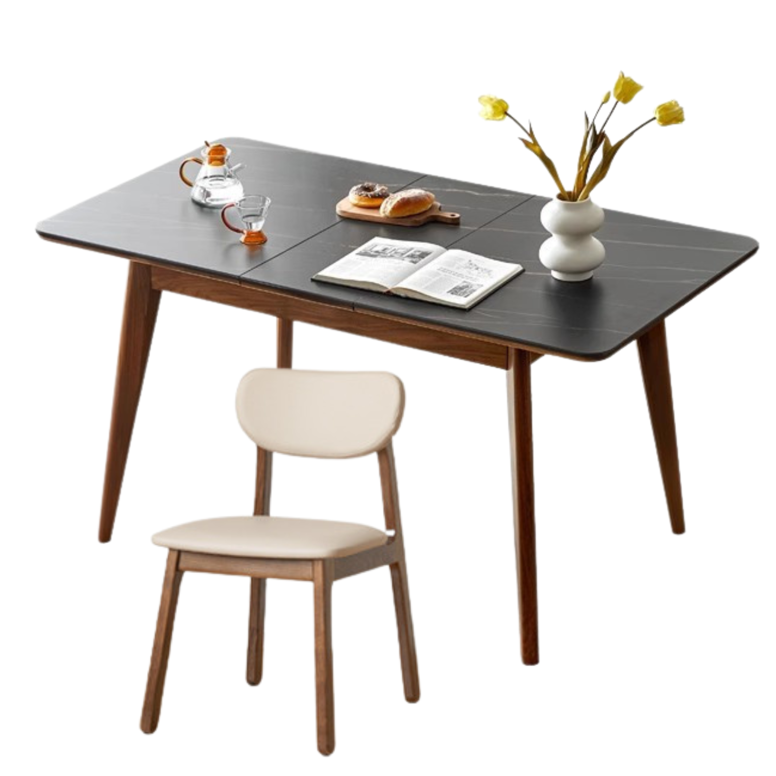 55.1-66.9x31.4x29.9 inch / 140-170x80x76.3cm / Rich Dark Walnut color / Black Walnut rock board retractable dining table + 4 chairs pure gray