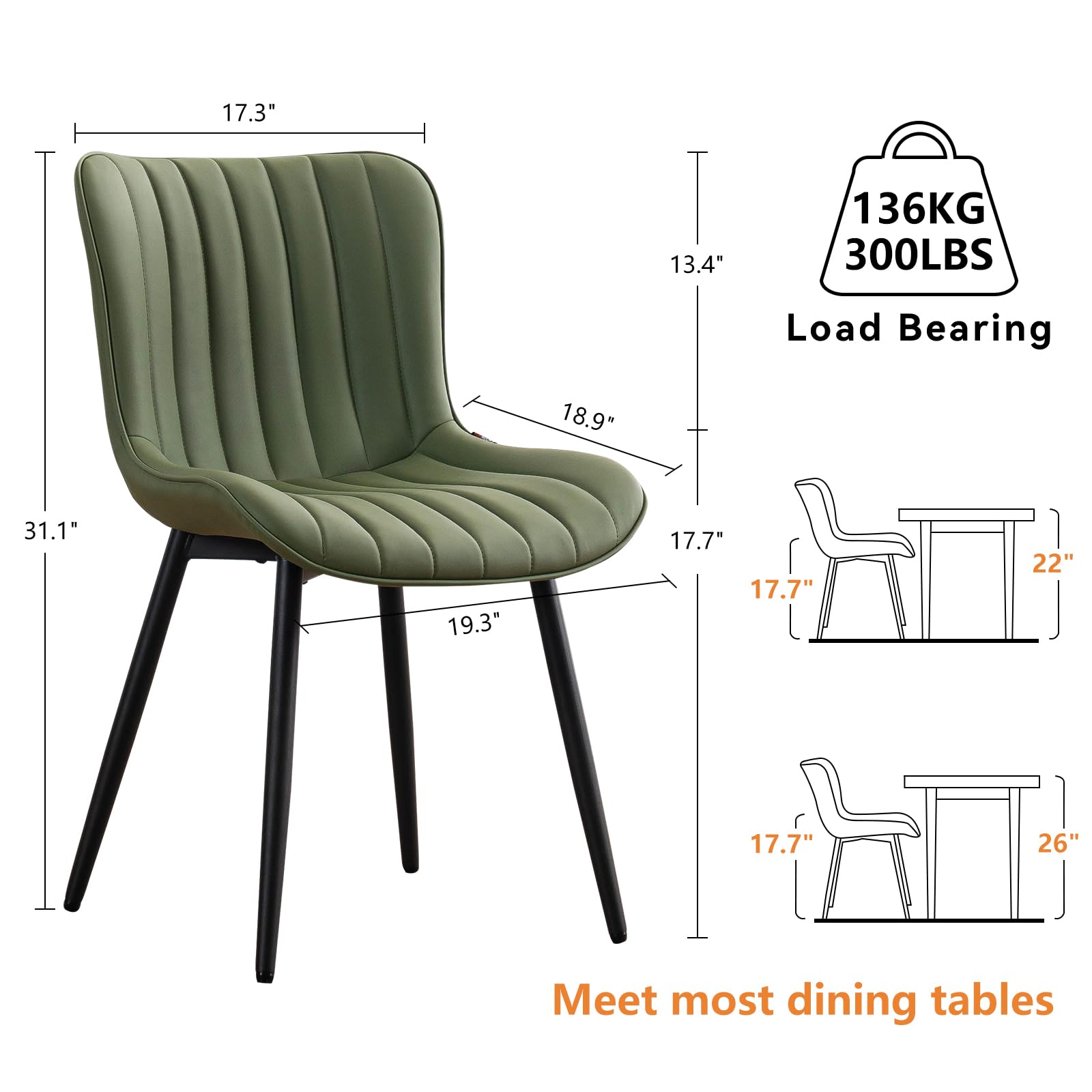 YOUNUOKE Set of 2 Mid-Century Modern Dining Chairs - Faux Leather Upholstered Armless Side Chairs with Padded Back & Metal Legs for Kitchen, Dining Room, or Breakfast Nook - Olive Green
