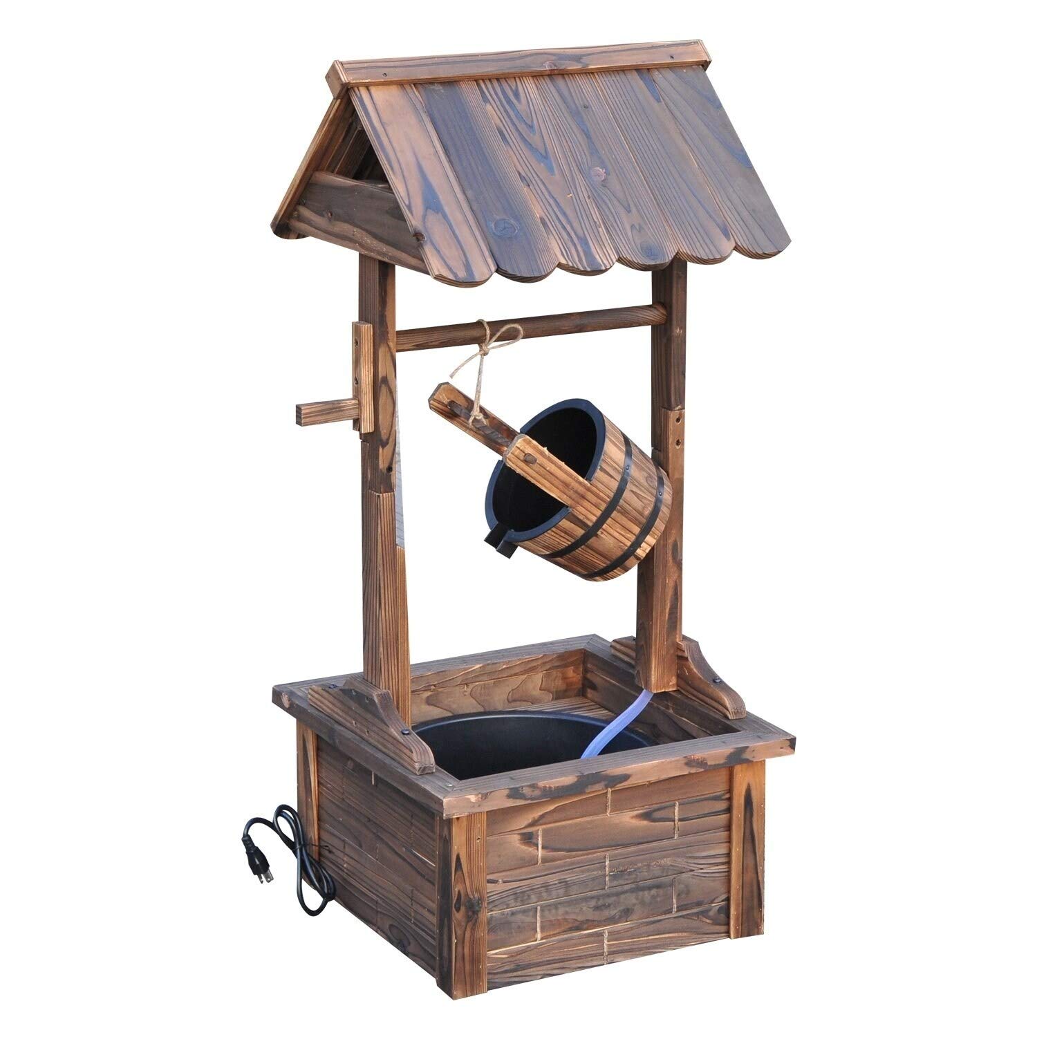 Rustic Wishing Well Fountain - Brown Steel & Wood Outdoor Garden Decor for Patio, Yard, and Landscaping