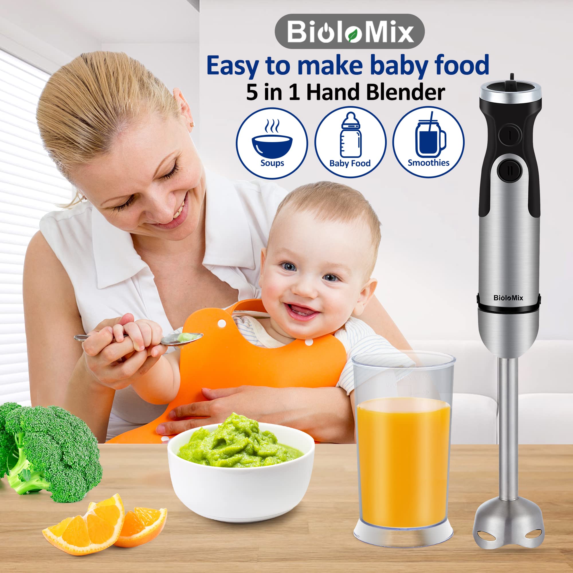 BioloMix 5-in-1 Immersion Hand Blender 1000W Powerful Stick Blender with 6 Speed & Turbo Mode, Stainless Steel Blade, 800ml Food Chopper, 600ml Mixing Beaker, Whisk & Milk Frother - Perfect for Smoothies, Soups, Baby Food & Kitchen Blending