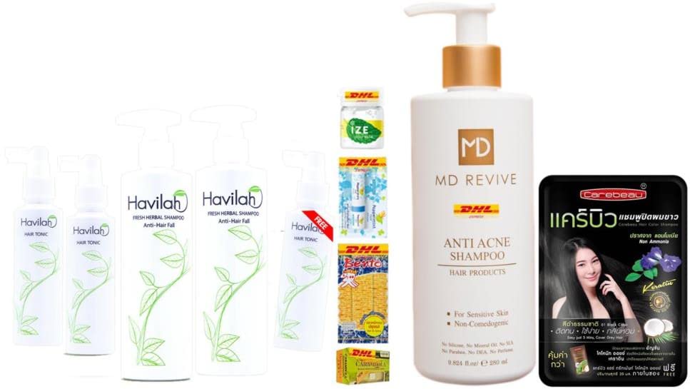 Havilah Fresh Herbal Shampoo & Conditioner Set - 5 Piece Anti-Hair Loss Kit for Sensitive Scalp with Revitalizing Formula | Fast DHL Express Shipping | Perfect for Damaged Hair Repair & Daily Hair Care Routine