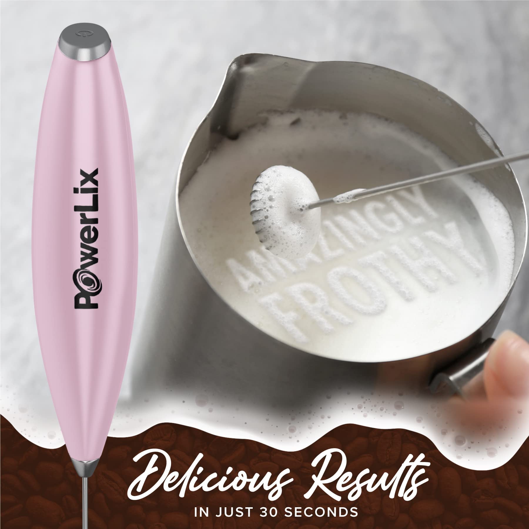 PowerLix Handheld Milk Frother - Battery Operated Foam Maker for Coffee, Latte & Cappuccino - Includes Stand (Black/Light Pink) - Perfect for Home, Office & Coffee Shops