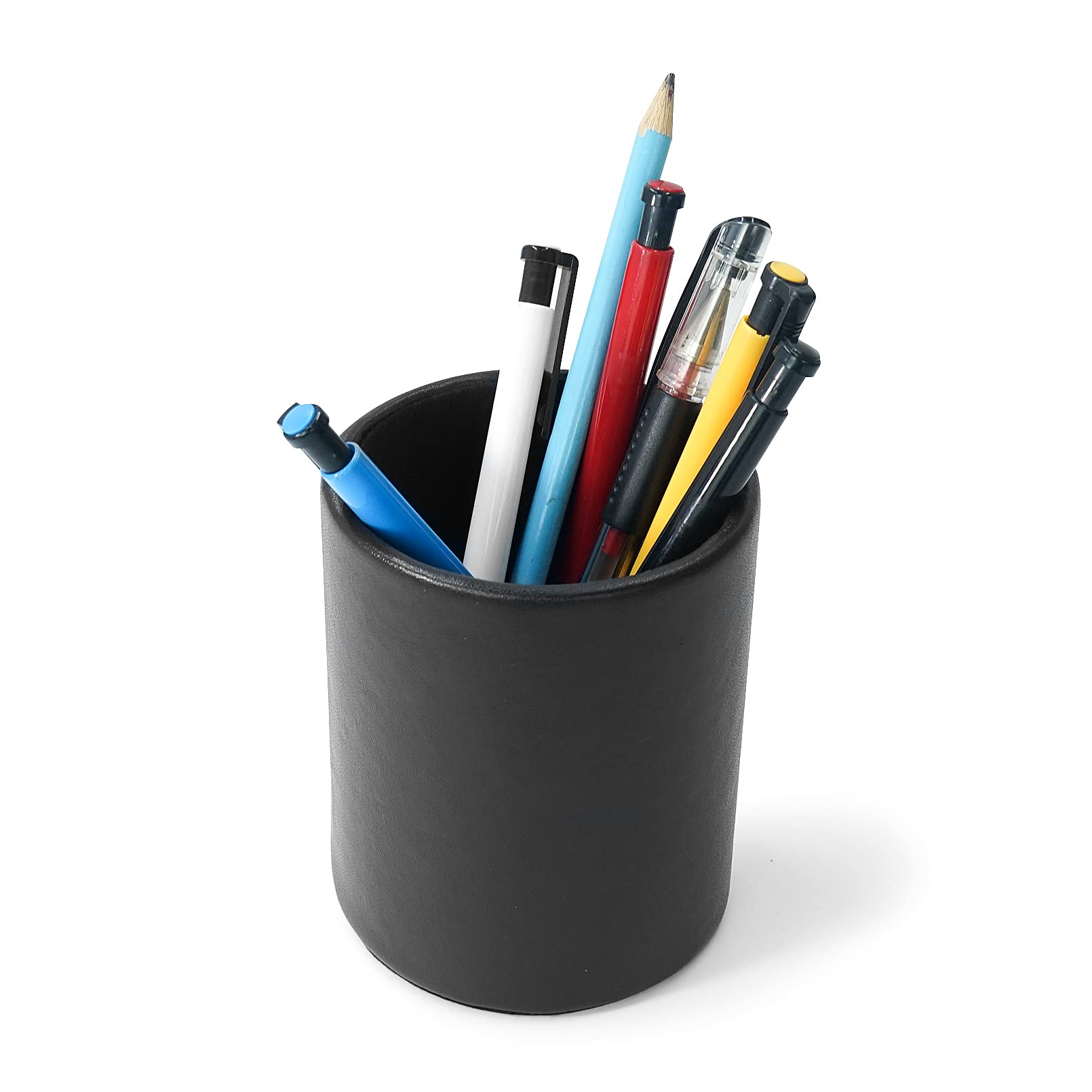 Premium Leather Pen Holder for Desk - Elegant Round Black Pencil Cup Organizer | Perfect for Office, Home Study & Gift Giving