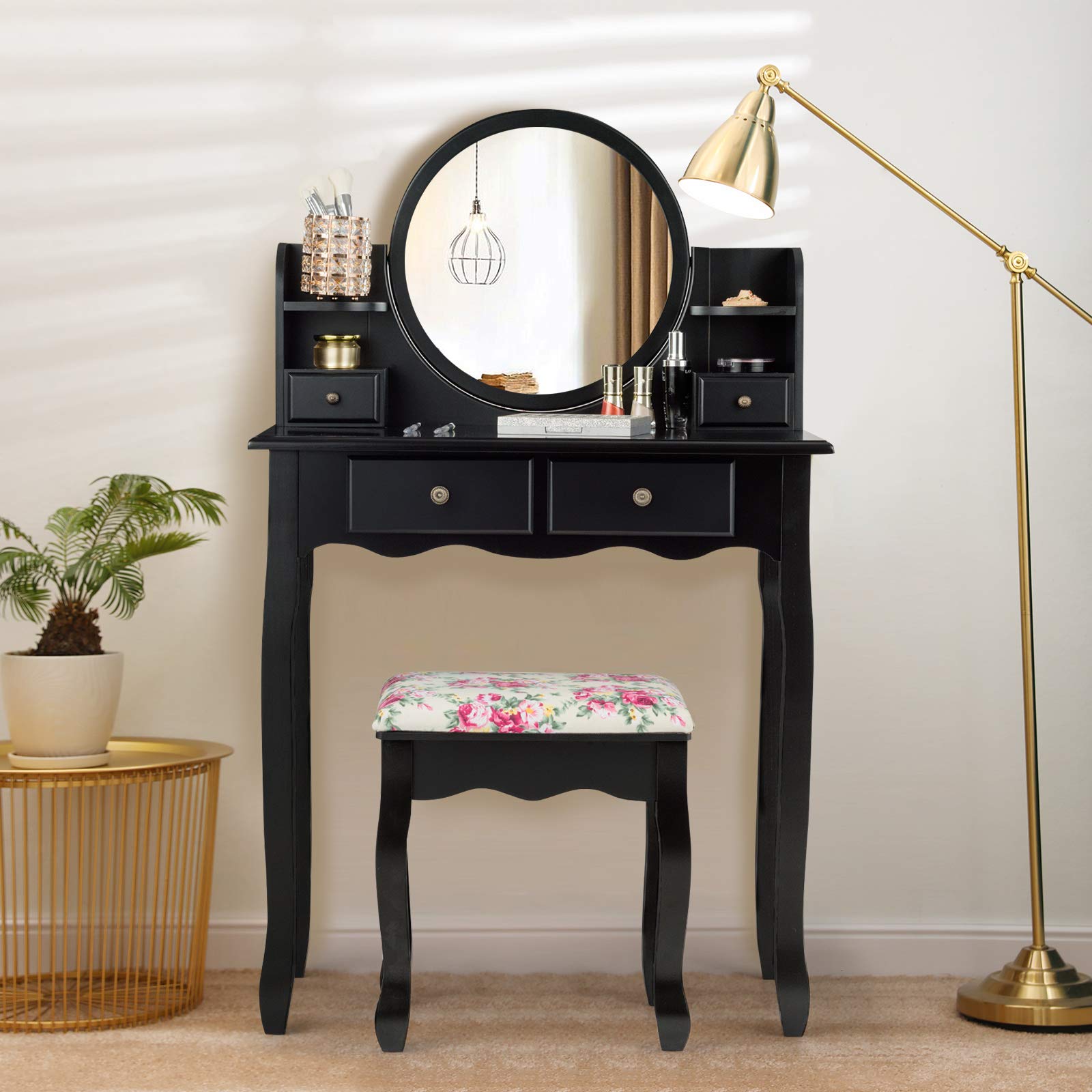 Charmaid Vanity Set with 4 Storage Shelves & 4 Drawers, Makeup Dressing Table with 360° Swivel Mirror, Cushioned Stool & Organizers - Elegant Black Vanity Desk for Women & Girls | Perfect for Bedroom, Dorm Room & Beauty Salon Makeup Station