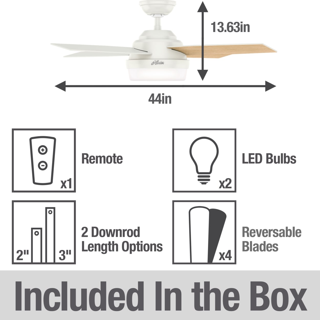 Hunter 44 Inch Dempsey Indoor/Outdoor Ceiling Fan with Light - Fresh White Finish - Energy Efficient Quiet Motor - Perfect for Bedroom, Living Room, Patio & Covered Porch