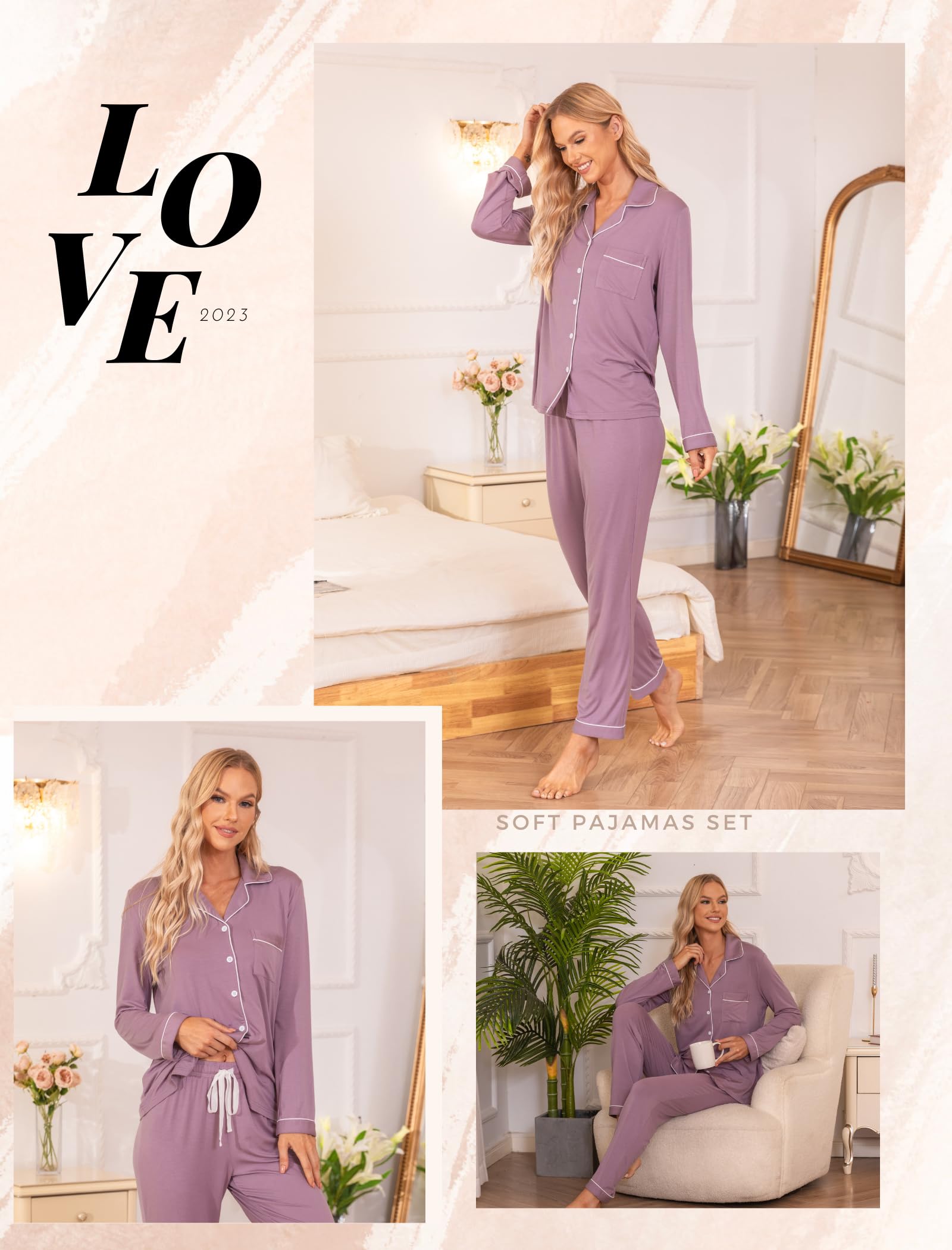 Leikar Women's Soft Button Up Pajama Set - Long Sleeve Shirt & Lounge Pants | Cozy Sleepwear for Nighttime & Relaxing at Home