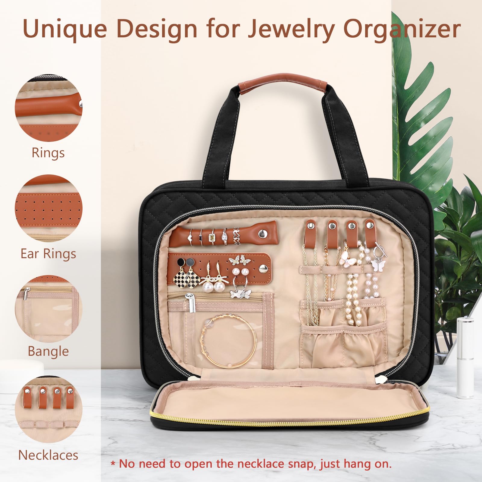 Wedama Hanging Travel Toiletry Bag for Women - Waterproof PVC Cosmetic Organizer with Jewelry Compartment, Medium Makeup Bag for Trips, Camping & Bathroom Use (Black+Brown) | Perfect for Business Travel, Gym & Weekend Getaways