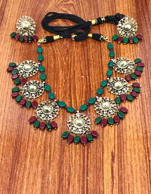 Handmade Beaded Stone Motifs Choker Necklace with Matching Earrings Set | Traditional Afghani Jewelry | Perfect for Weddings, Parties & Ethnic Fashion