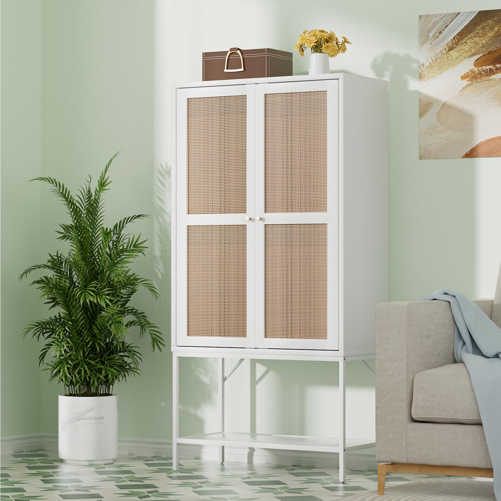 Modern Rattan Wardrobe Closet with LED Lights, Shelves & Hanging Rod - 2-Door Freestanding Armoire Cabinet for Bedroom & Apartment (White) | Perfect for Small Spaces, Guest Rooms & Dorm Organization