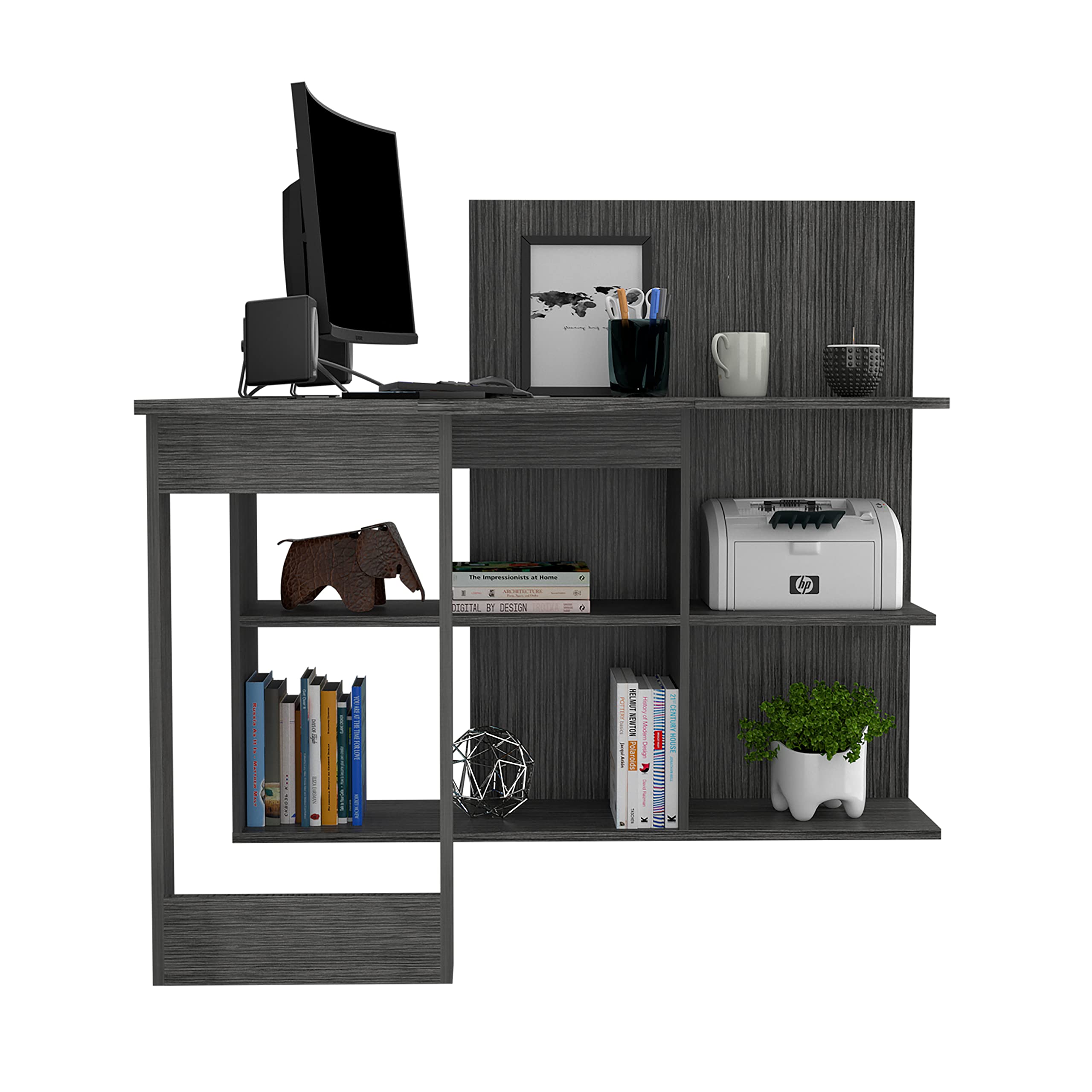 L-Shaped Computer Desk with 4 Shelves - Smokey Oak Finish, Home Office Desk for Small Spaces, Gaming & Study Workstation, Ergonomic Corner Desk for PC & Laptop
