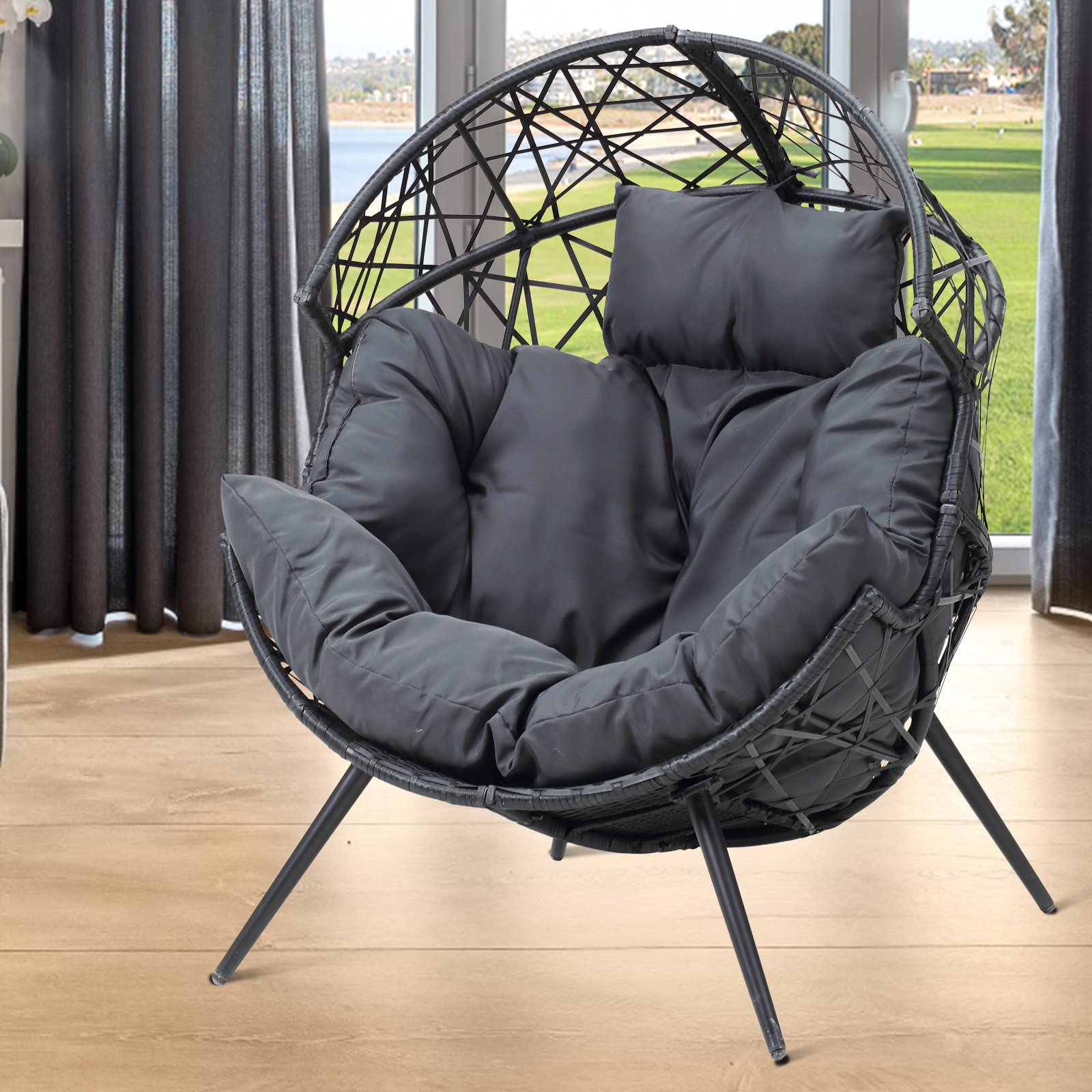 Outdoor & Indoor Egg Chair - Wicker Basket Lounger with Cushion & Stand - Dark Gray - Perfect for Living Room, Patio, Backyard, and Garden Relaxation