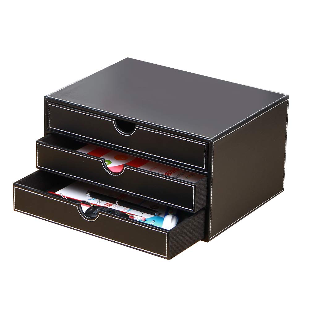 YAPISHI 3-Drawer Leather Desk Organizer - Executive Office Supplies, A4 File Cabinet & Stackable Storage Box for Jewelry, Bills, Papers, Documents, Makeup - Perfect for Home & Office Organization