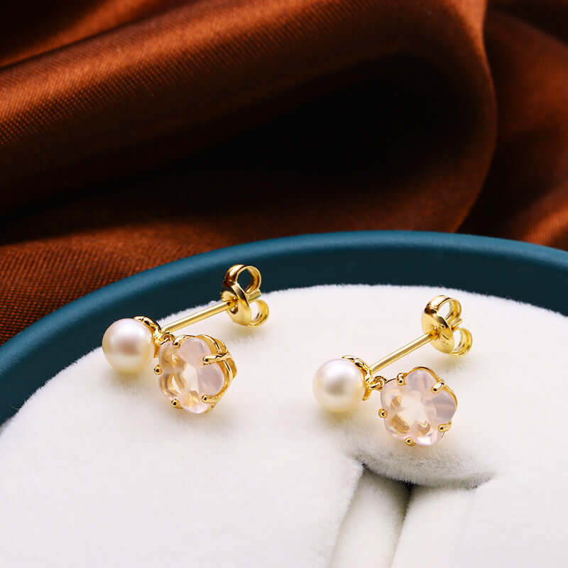 925 Sterling Silver Flower Rose Quartz Pearl Drop Earrings for Women | Elegant Dangle Jewelry Gift for Valentine's Day, Anniversary & Special Occasions | TB1459
