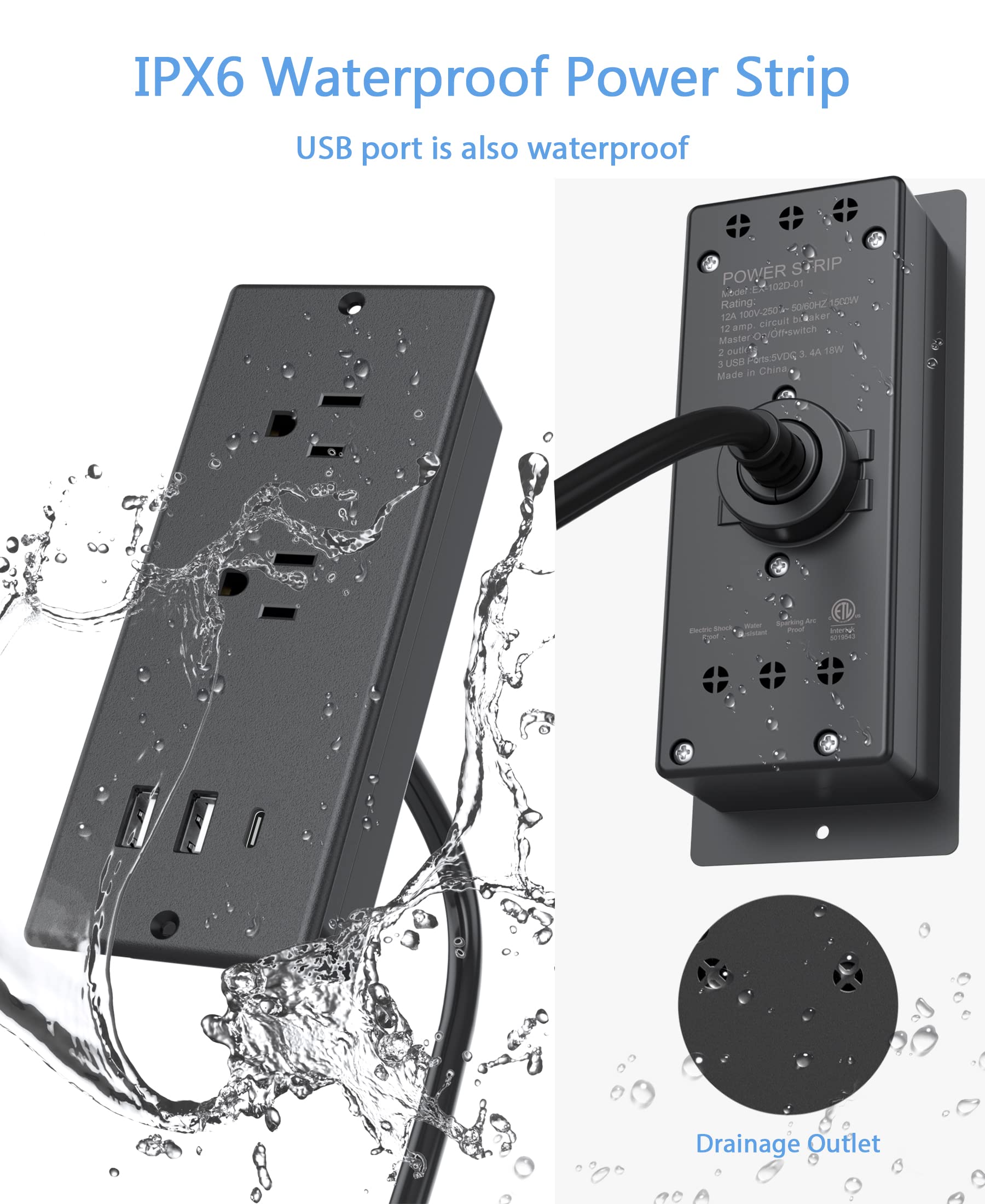 Recessed Power Strip with 20W USB-C Fast Charging & 2 Outlets - Waterproof Desk & Furniture Power Outlet, Surge Protector for Conference Rooms, Drawers, Flat Plug & 6ft Cable (Black) - Ideal for Office, Home & Workspace Charging Needs
