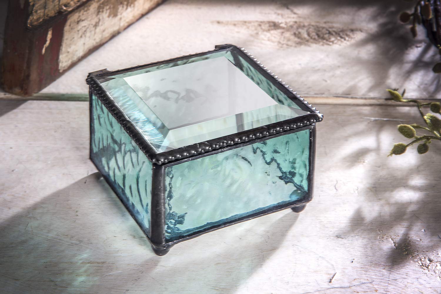 J Devlin - Aquamarine Blue Glass Decorative Trinket Box for Jewelry Storage | Keepsake Gift Box for Home Decor, Wedding Favors & Display Case