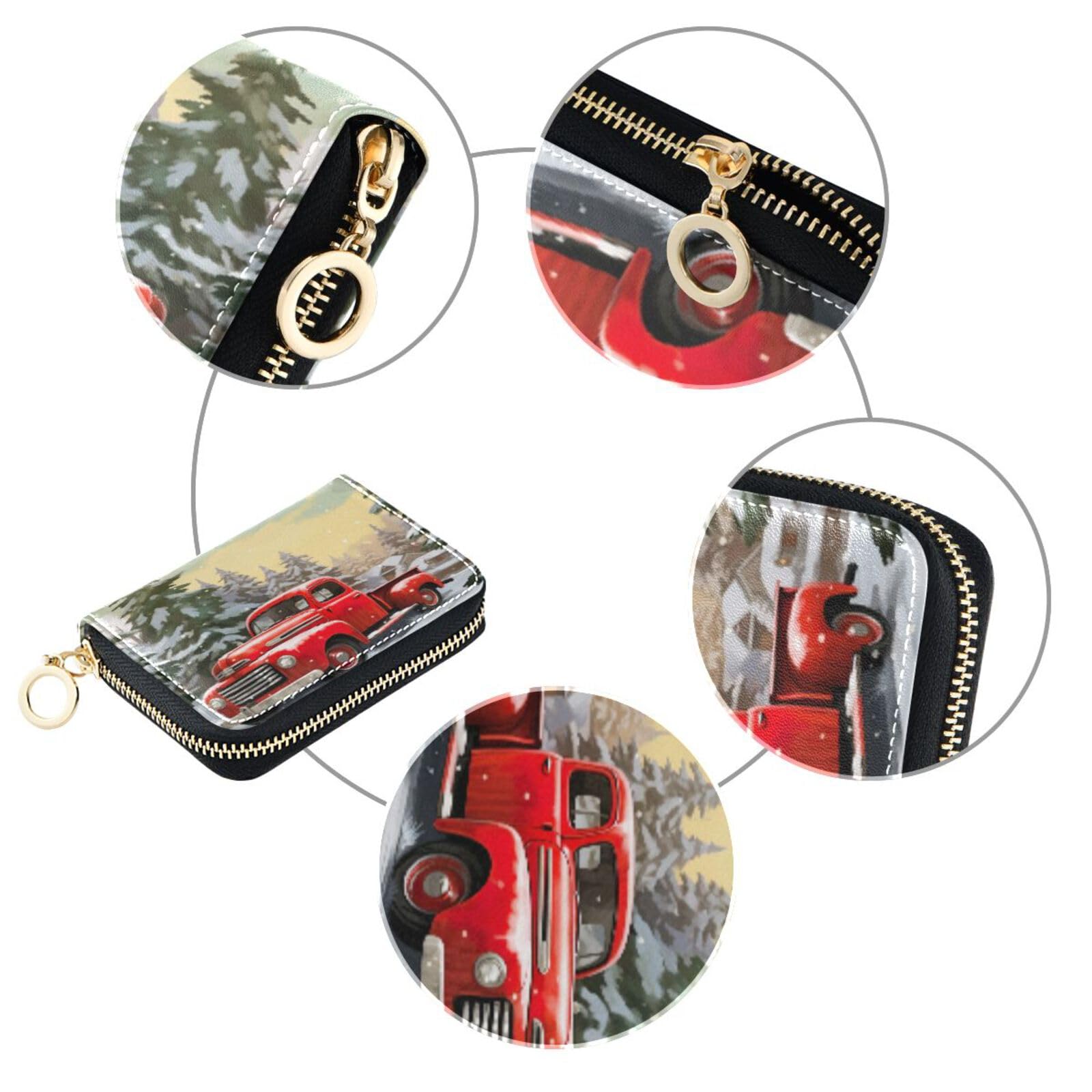 Premium Leather Credit Card Holder - Christmas Tree & Red Truck Design - Zipper Wallet & ID Card Case - Perfect for Holiday Gifts, Travel & Everyday Use (20847518)