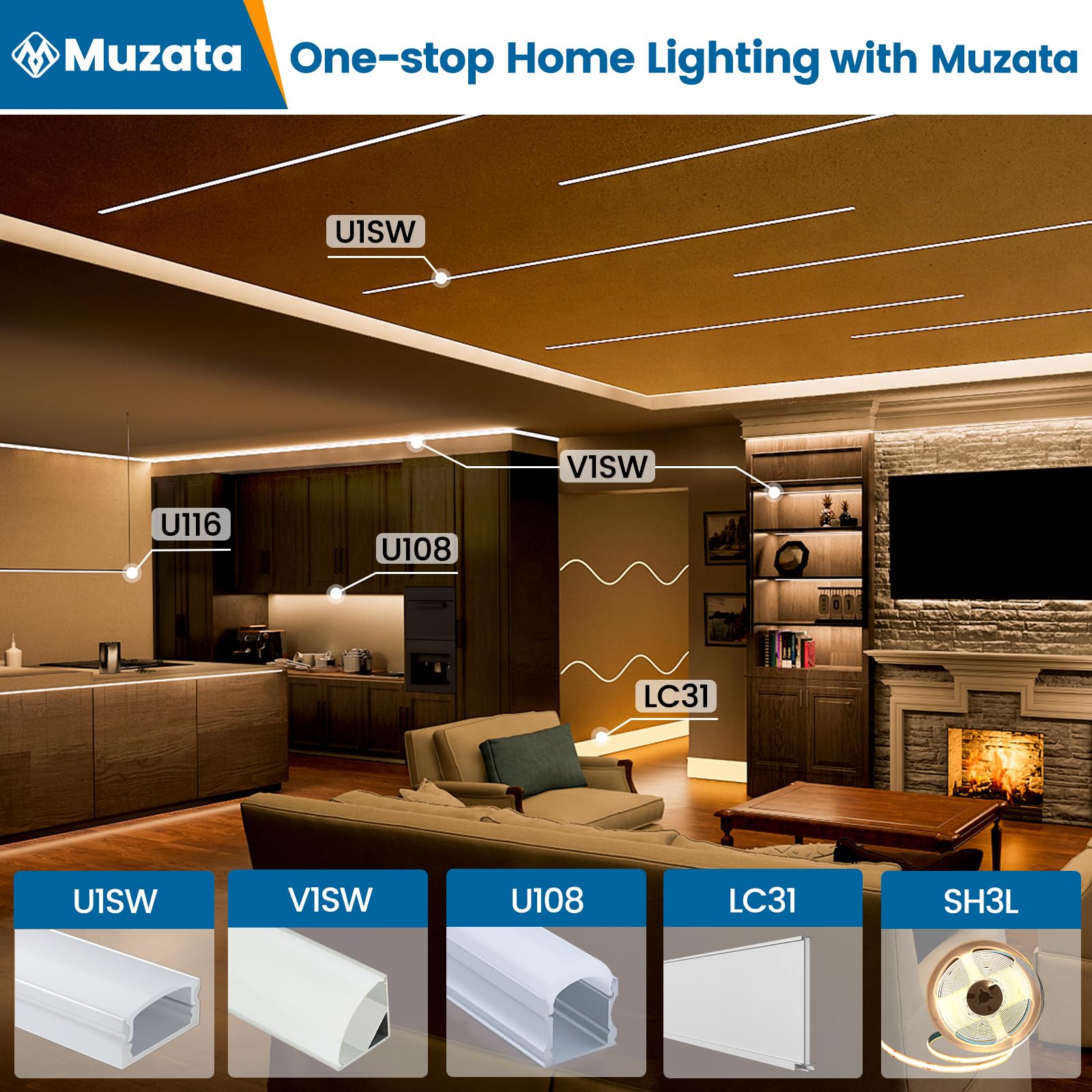 Muzata 10-Pack 6.6FT/2M LED Channel System - Black Aluminum U-Shape Diffuser with Milky White Cover for Spotless LED Strip Lighting (U108 BW 2M) - Perfect for Home, Office, and Commercial Lighting Projects