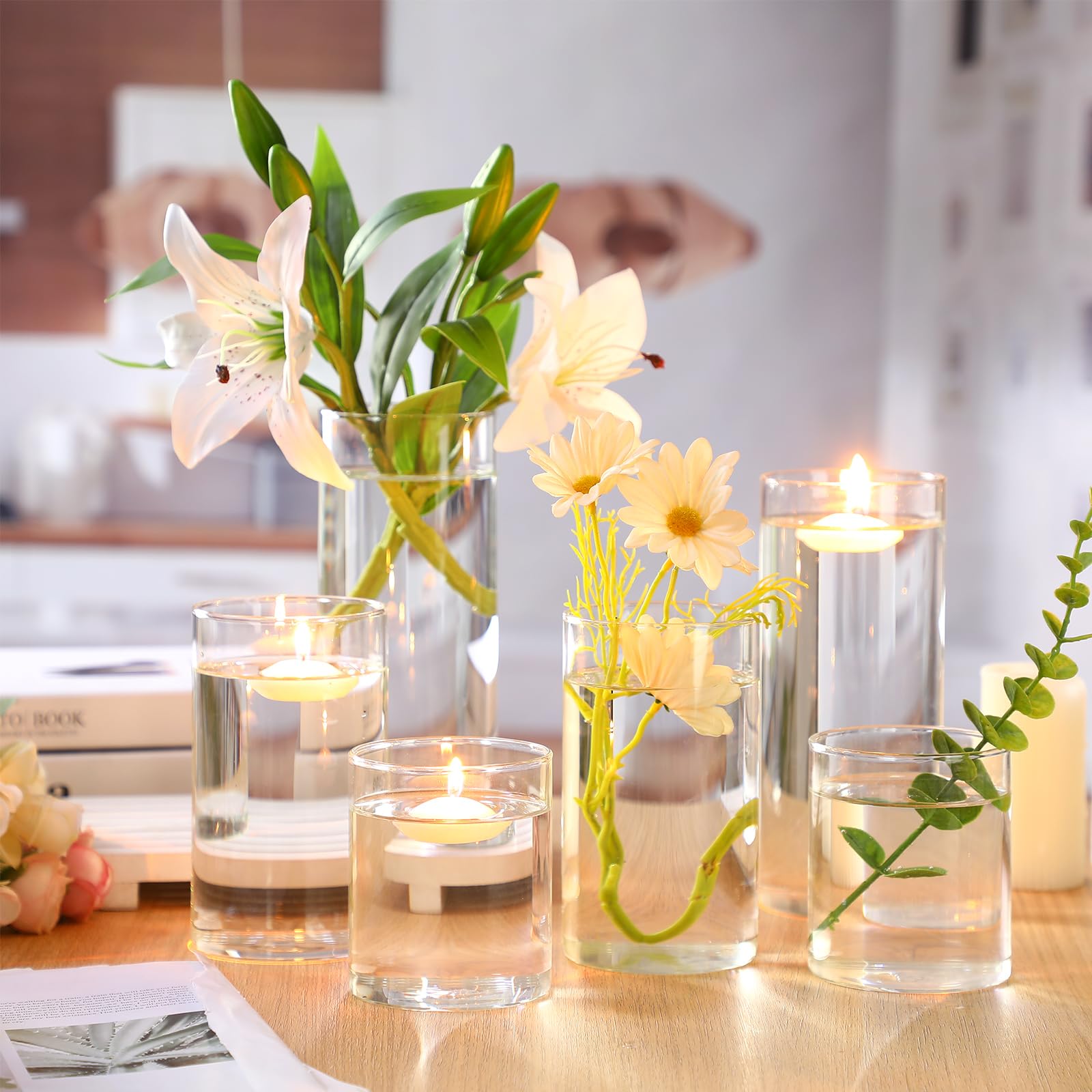 36 Pcs Clear Glass Cylinder Vase Set with Floating Candles - 4/6/8 Inch Tall Centerpiece Vases for Weddings, Parties & Home Decor - Perfect for Table Decorations, Floral Arrangements and Romantic Ambiance