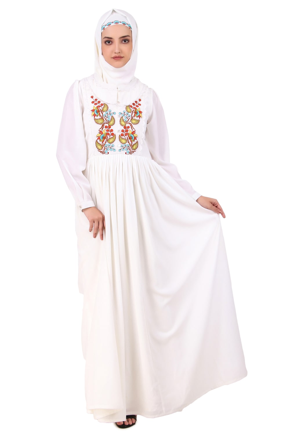 Elegant White Heavy Flared Abaya with Hand Embroidery - Perfect for Weddings, Eid, and Special Occasions
