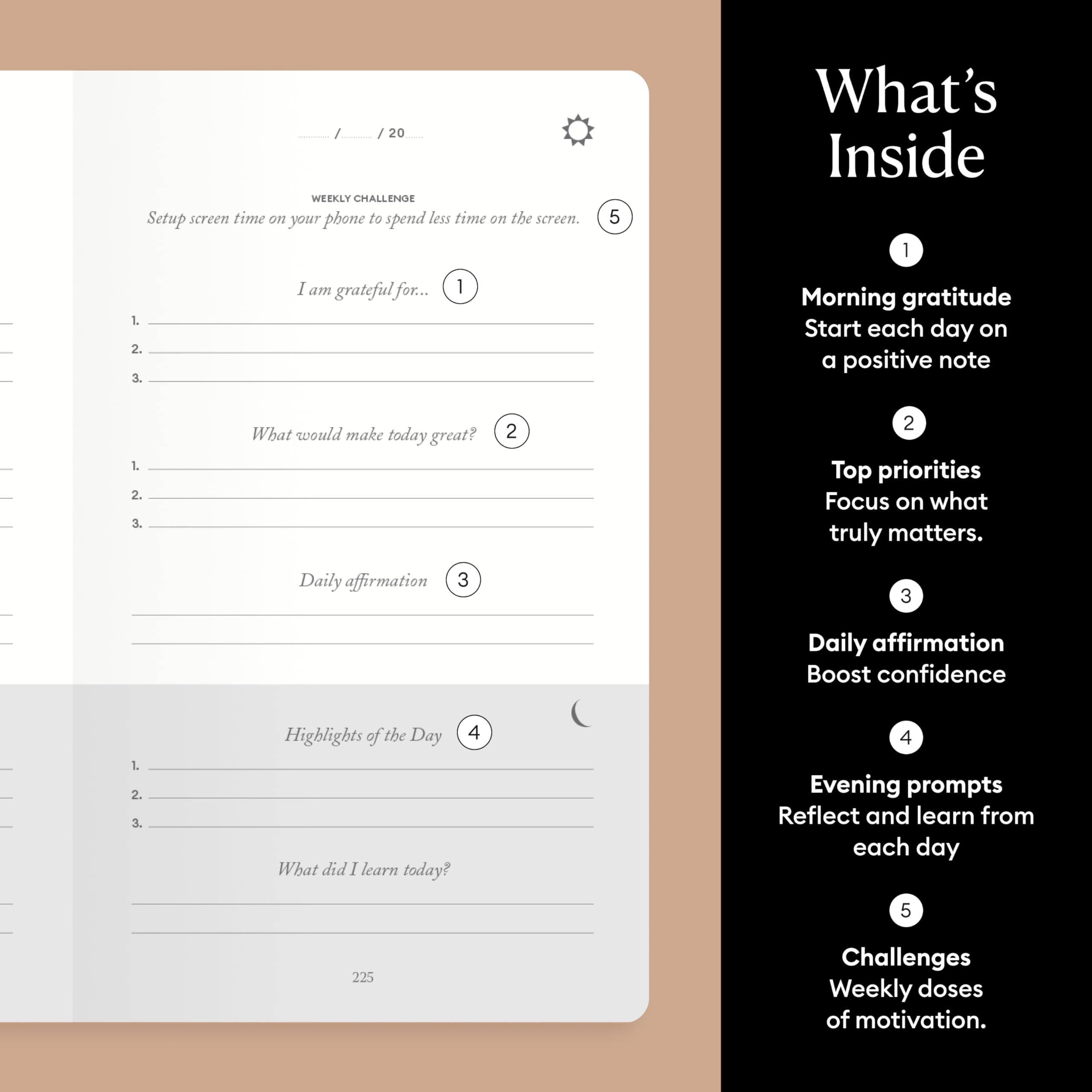 The Five Minute Journal 2025 - Original Undated Gratitude & Mindfulness Journal for Daily Reflection, Manifestation & Positivity with Gold Foiling | Plastic-Free Black Cover | Perfect for Morning Routine, Self-Care & Personal Growth