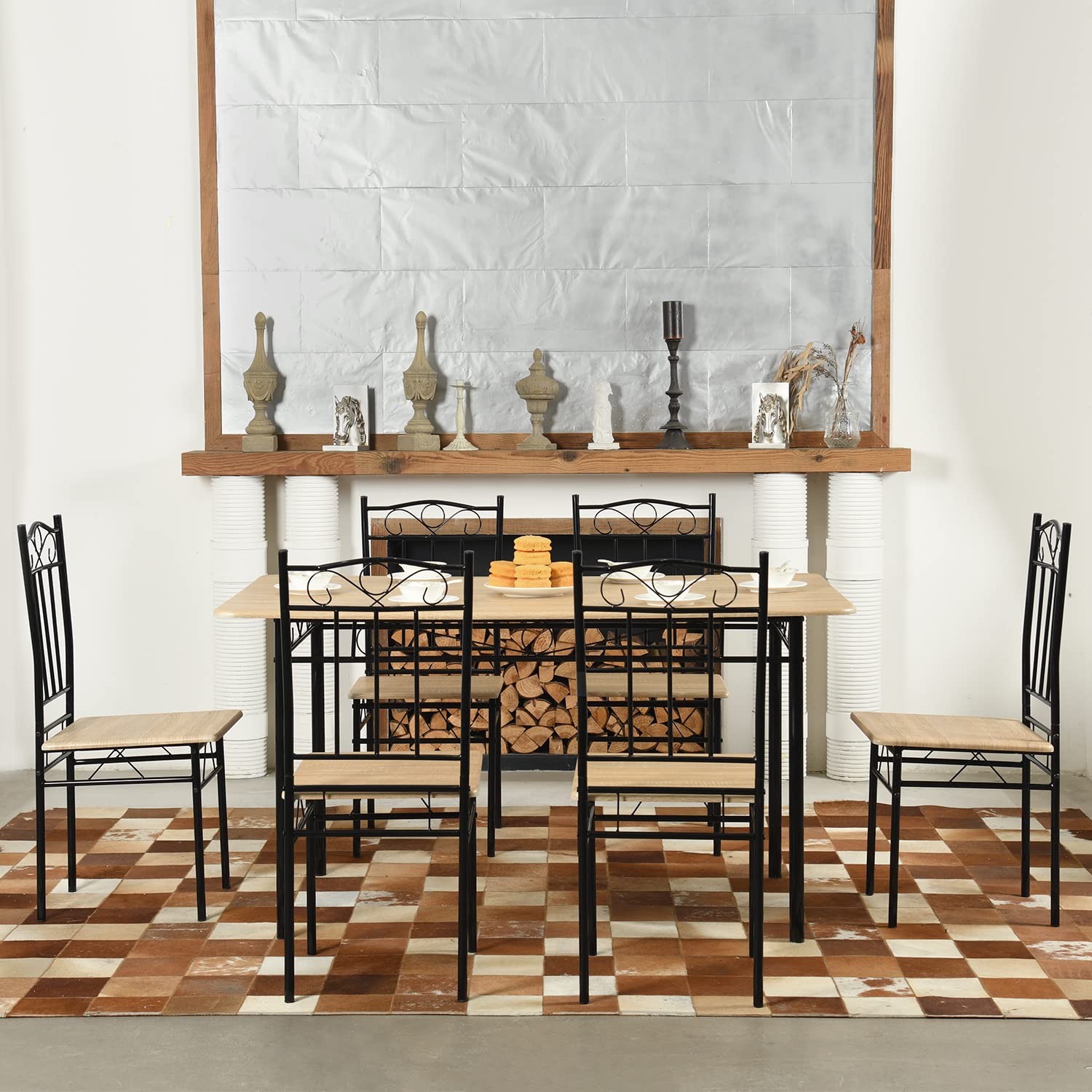 7-Piece Space Saving Dining Set with Wood Top & Metal Legs - Compact Kitchen Table & 6 Chairs for Small Homes, Apartments & Patios (Beech) | Perfect for Breakfast Nooks, Studio Living & Outdoor Entertaining