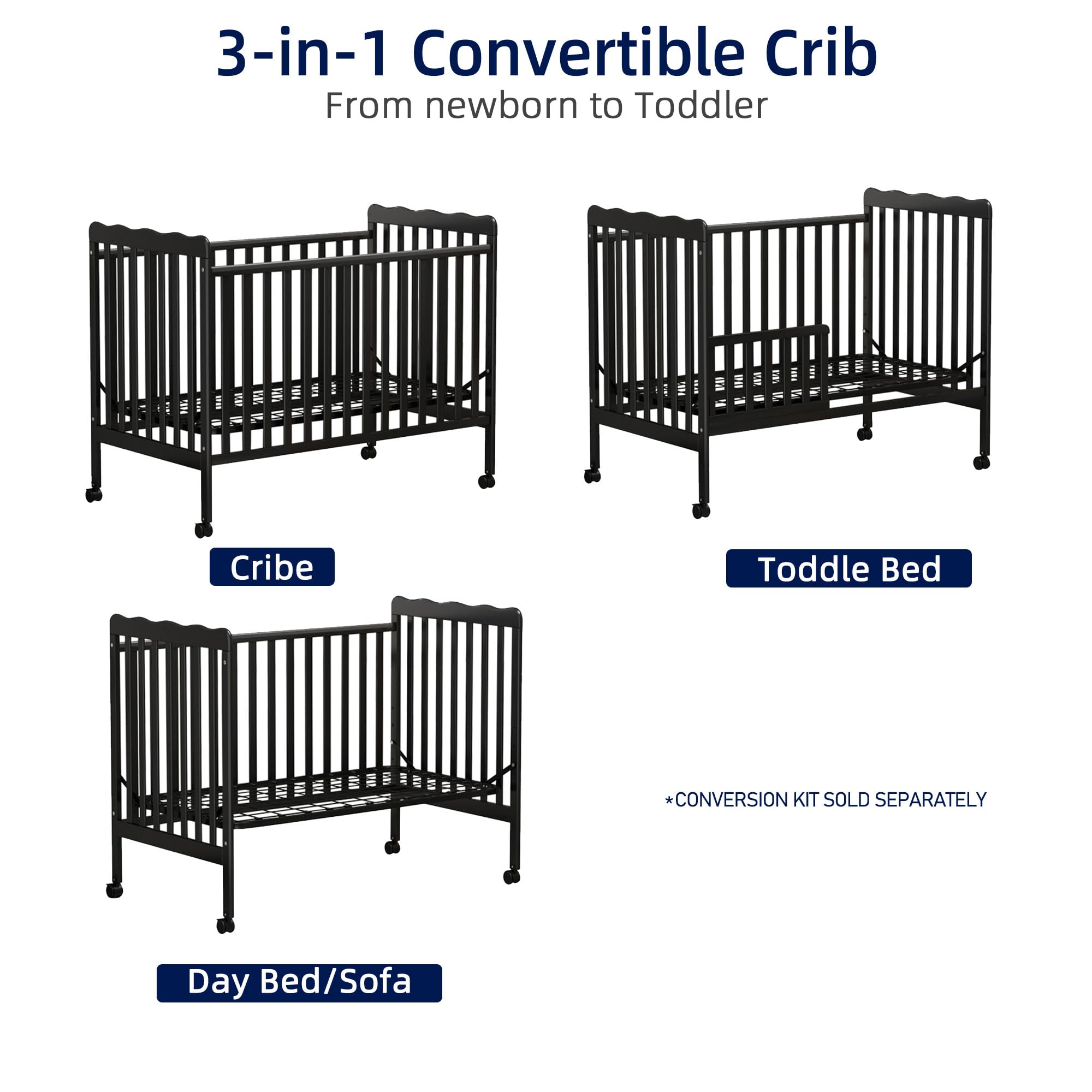 3-in-1 Convertible Baby Crib to Toddler Bed - Full Size Wooden Nursery Furniture with Locking Wheels & Non-Toxic Finish (Black) | Safe & Stylish Sleeping Solution for Newborns, Infants & Toddlers | Perfect for Daycare Centers & Home Nurseries