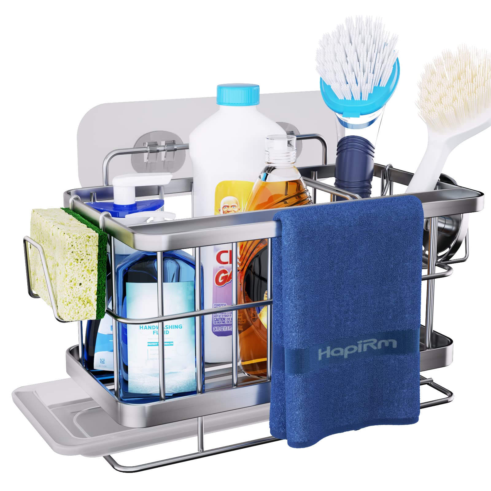 **HapiRm Adjustable Stainless Steel Kitchen Sink Organizer - 304 SUS Sponge Holder with Drain Tray, Wall Mount or Countertop Sink Caddy for Sponges, Brushes & Utensils - Perfect for Small Kitchens & RVs**