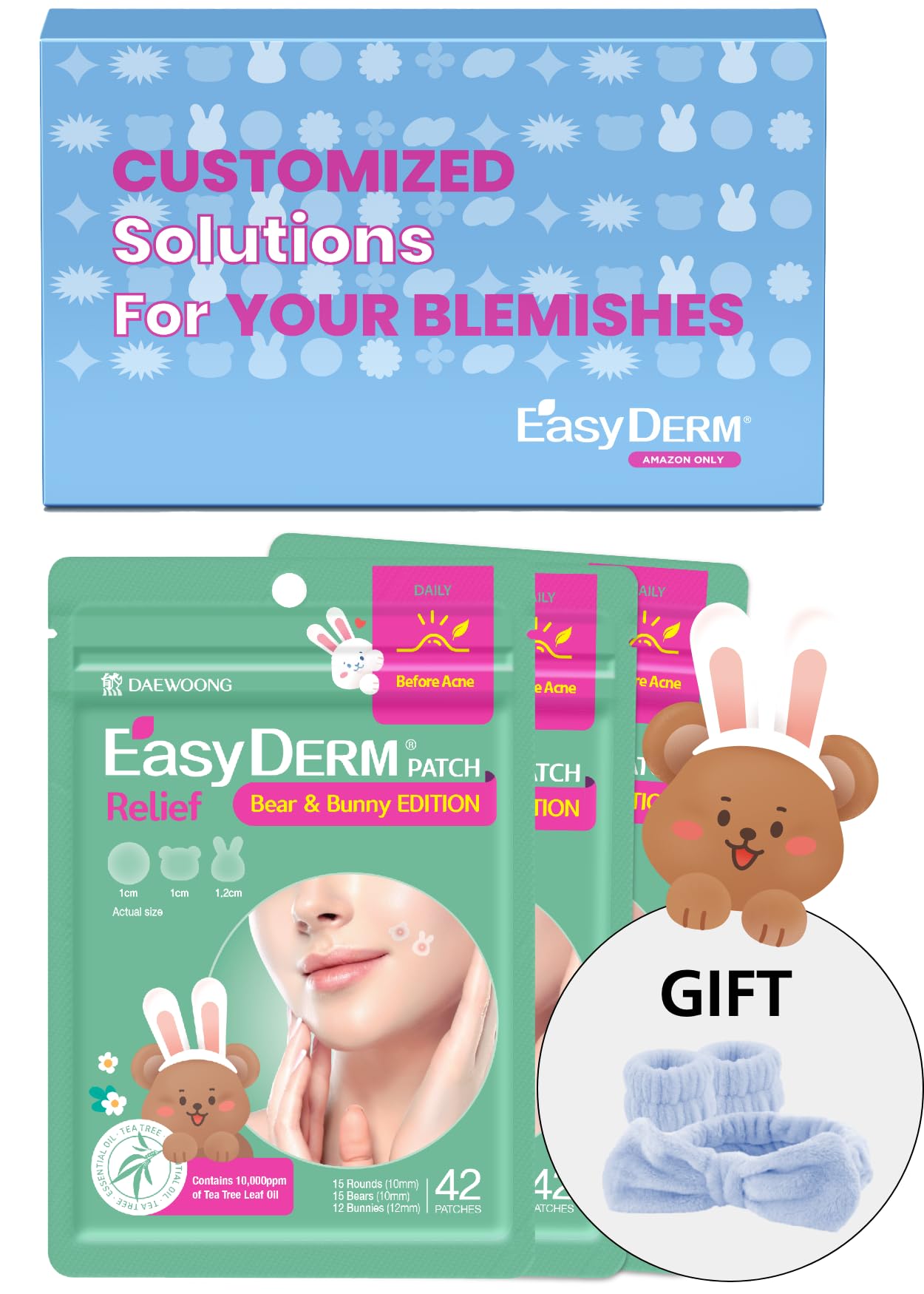 EasyDerm Quick Calming Patches (20 Count) & Soothing Relief Patches (126 Count) Set with Free Hair Bands - Perfect for Acne Treatment, Skin Irritation Relief & On-The-Go Skincare