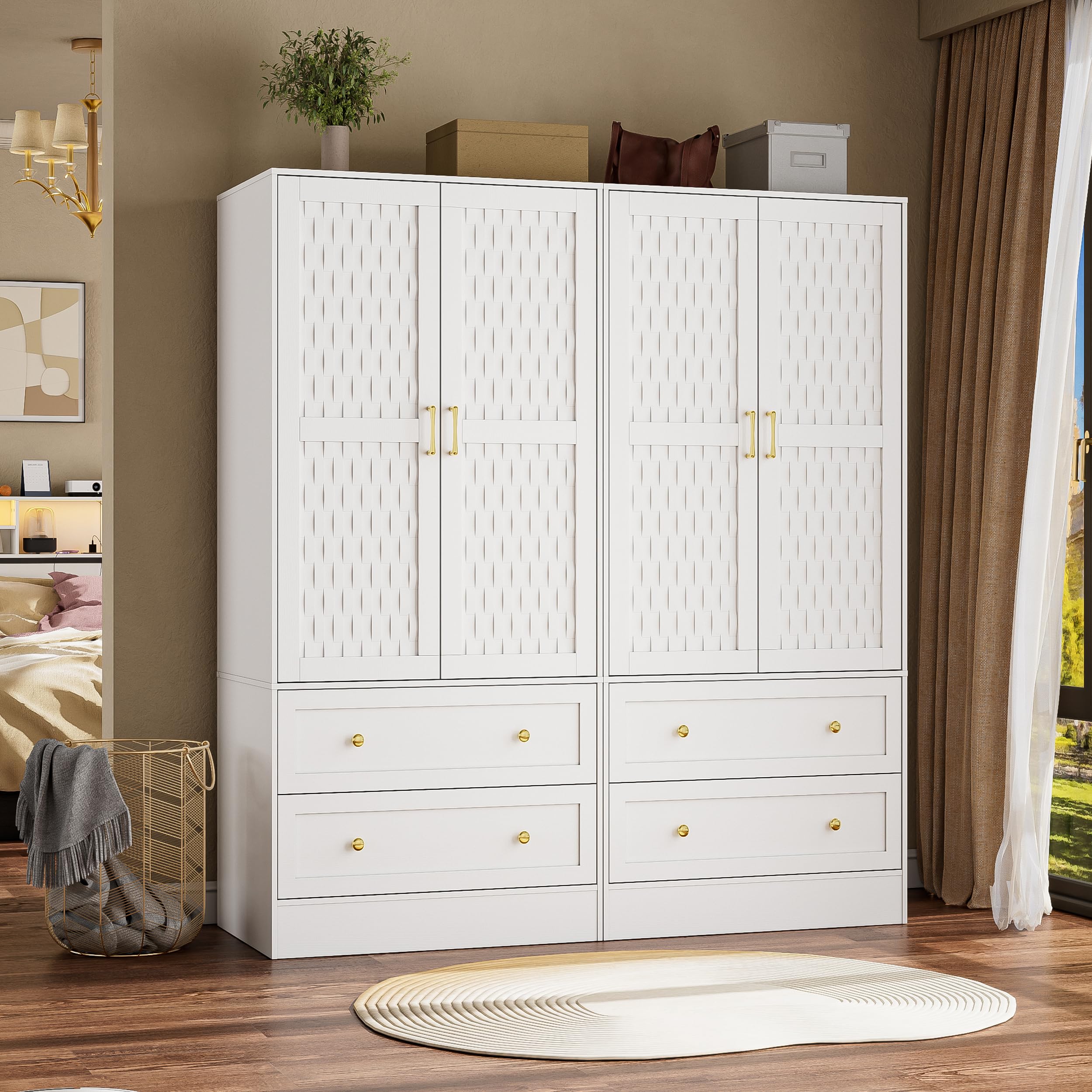 PAKASEPT Wooden Armoire Wardrobe with 2 Woven Doors - Freestanding Closet Cabinet with Drawers & Hanging Rod - Bedroom Storage Organizer for Clothes, Shoes & Accessories | Perfect for Small Spaces, Apartments & Dorm Rooms