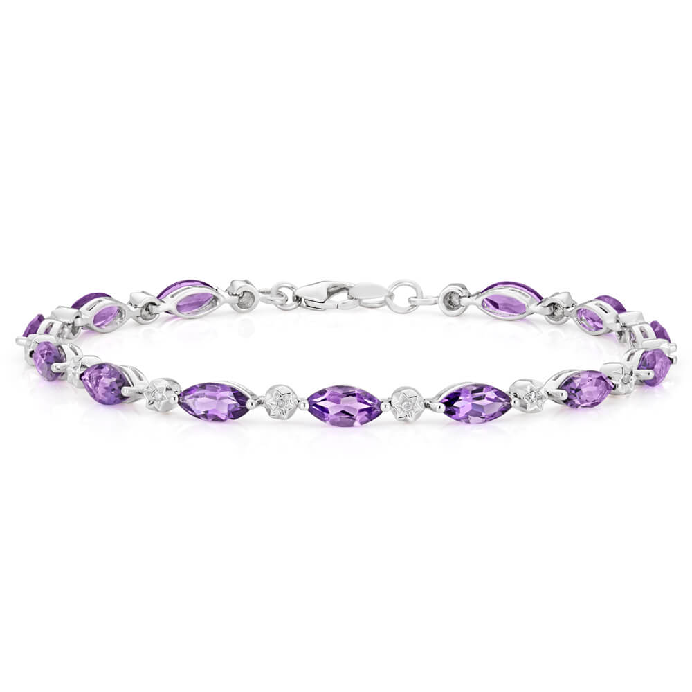 9ct White Gold Marquise Cut Amethyst and Diamond Bracelet 19cm - Elegant Jewelry for Weddings, Anniversaries & Special Occasions