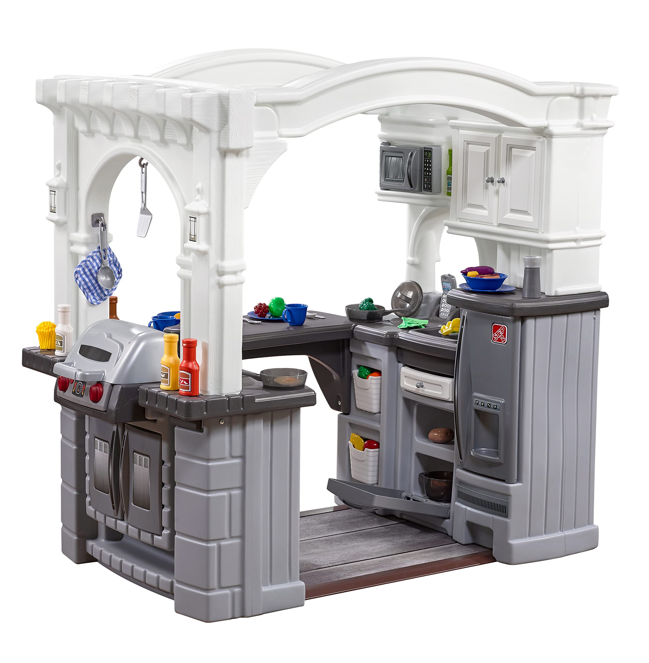 Step2 Grand Walk-in Kitchen & Grill Kids Playset - Indoor/Outdoor Pretend Play Kitchen with Lights & Sounds - 103-Piece Toy Accessories for Toddlers 2+ Years - Durable Plastic Playhouse for Backyard, Playroom & Preschool (Gray/White)