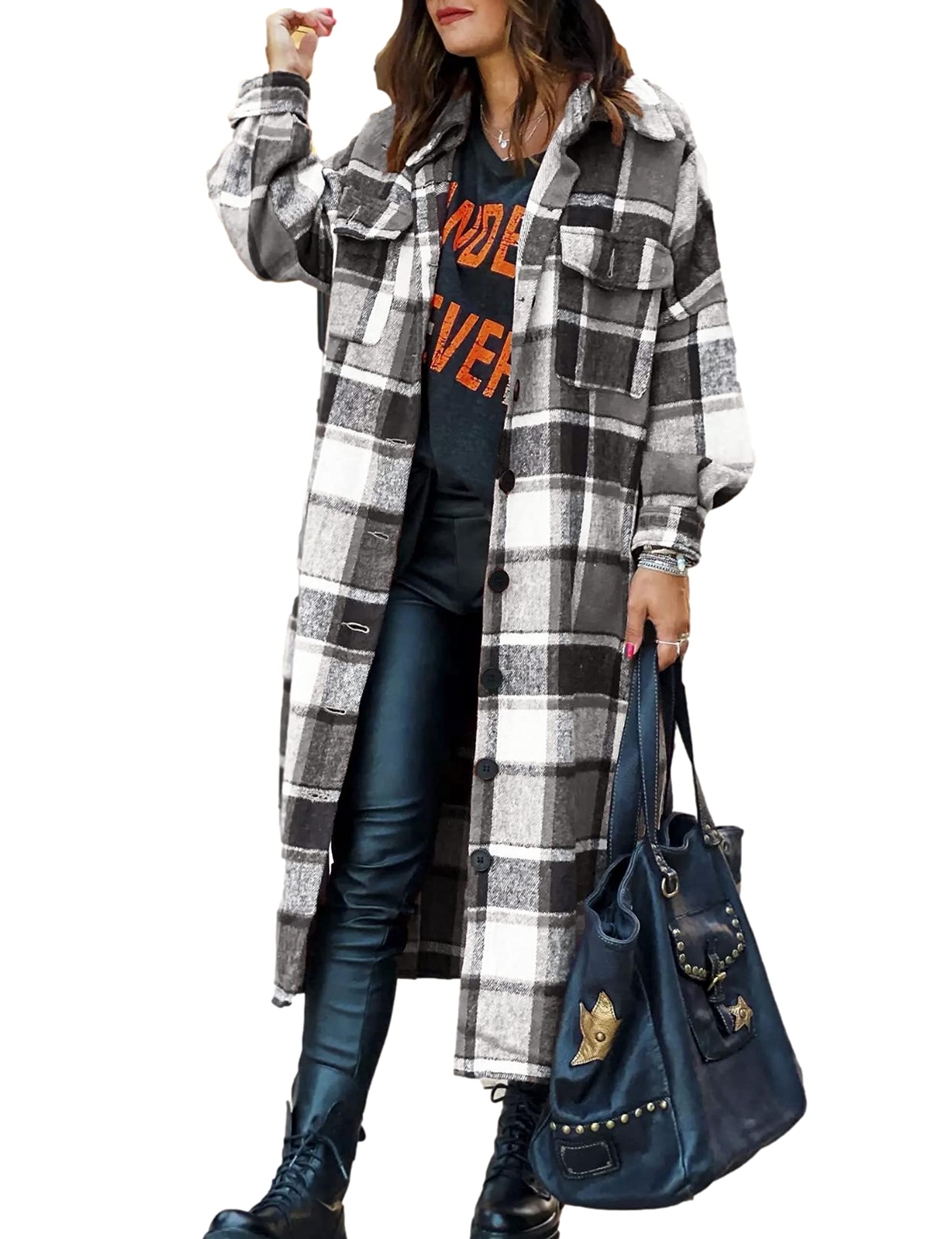 Zontroldy Women's Casual Long Plaid Shacket Jacket - Button Down Long Sleeve Shirt Coat for Fall & Winter | Office, Date Night, Outdoor Layering