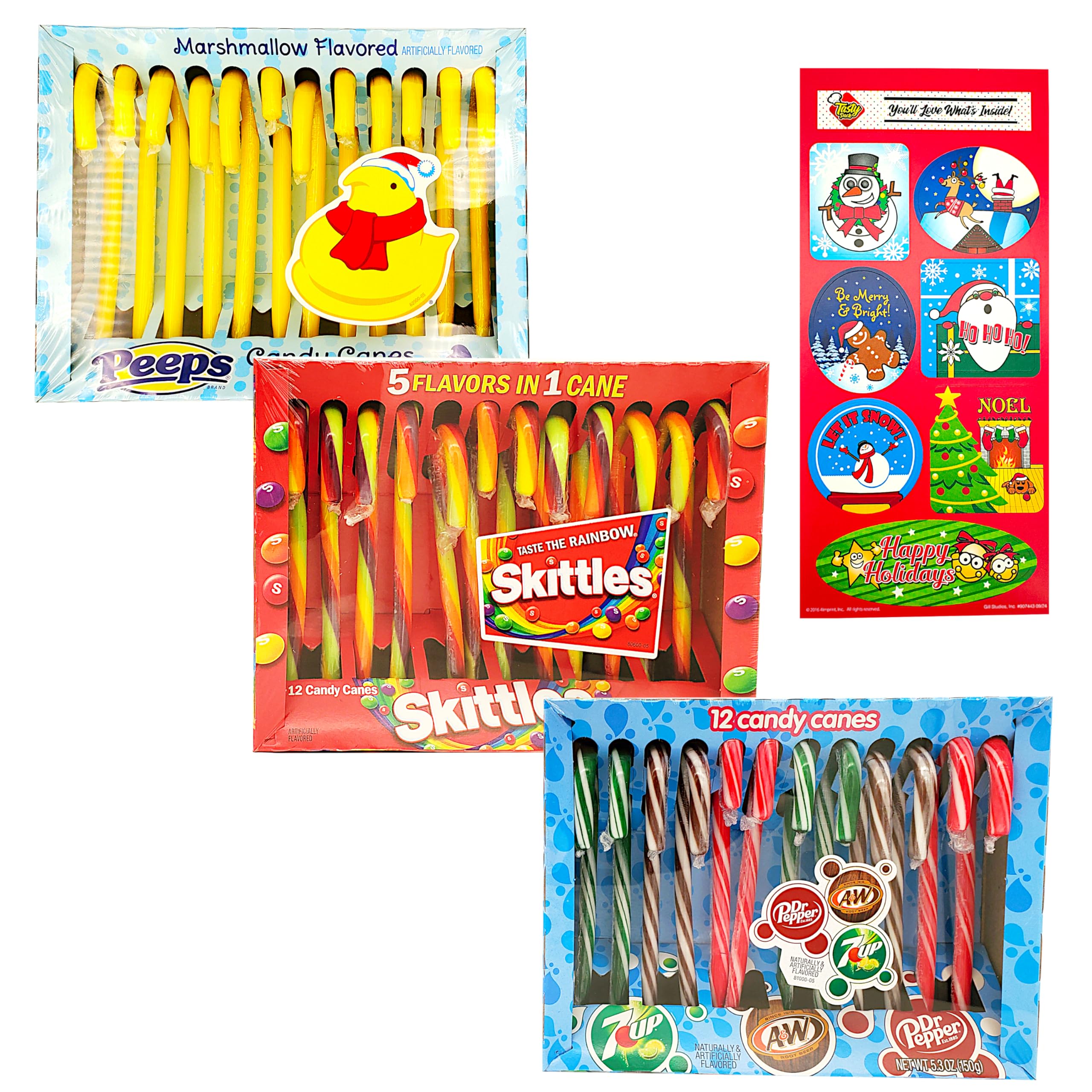 Bulk Candy Canes Variety Pack - Peeps Marshmallow, Soda & Skittle Fruit Flavors (3-Pack with Christmas Stickers) | Perfect for Holiday Stocking Stuffers, Party Favors & Christmas Decorations