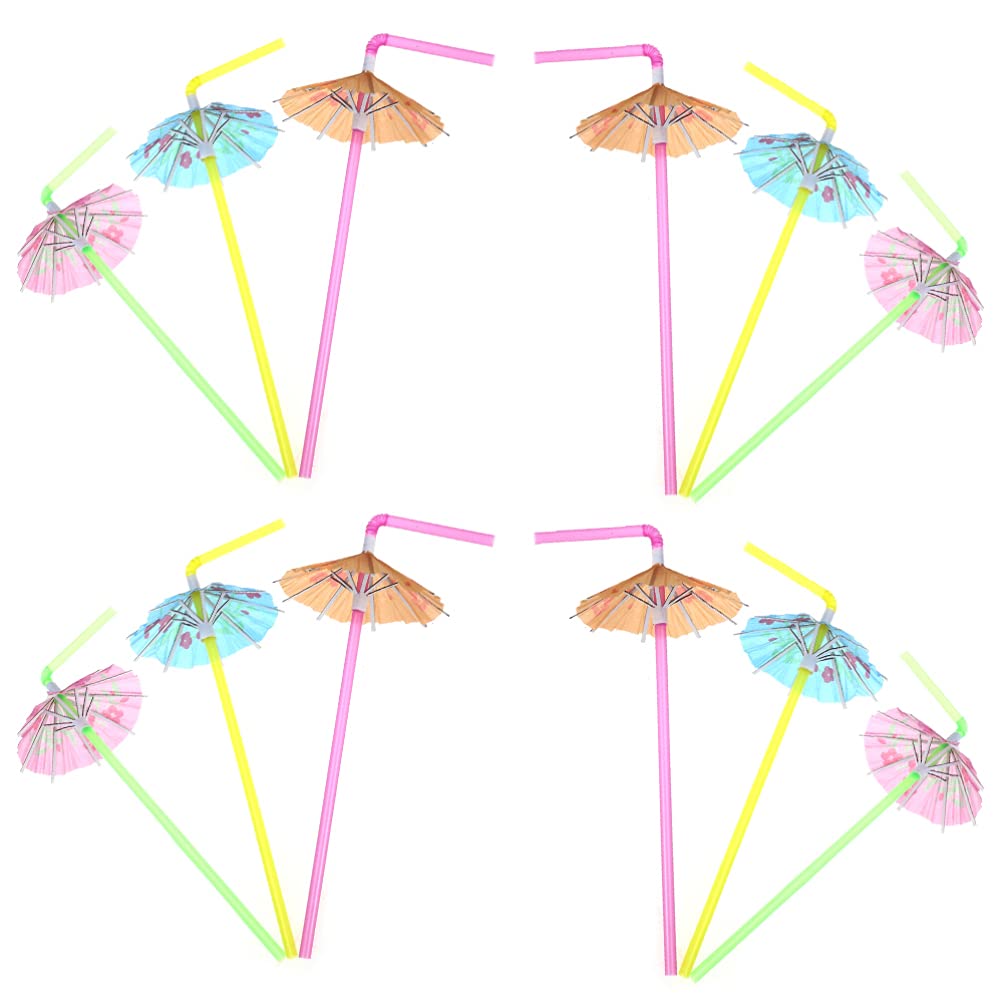 PRETYZOOM 50Pcs Fluorescent Bendable Umbrella Drink Straws - Assorted Colors for Hawaiian Party, Tropical Cocktails, Poolside Beverages & Summer Celebrations