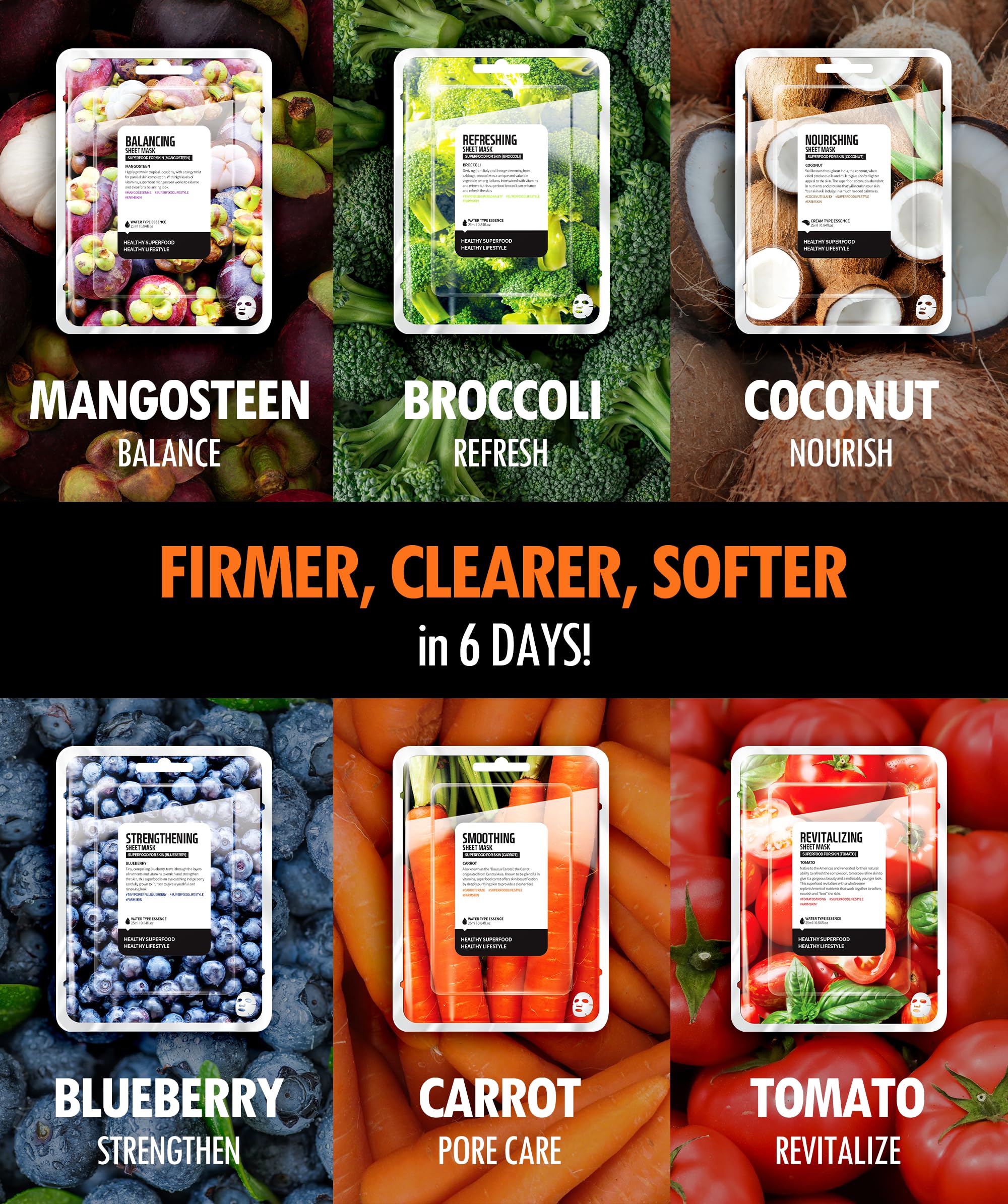FARMSKIN Superfood Salad Sheet Mask Set of 6 | Korean Face Mask with Mangosteen, Broccoli, Carrot, Coconut, Blueberry & Tomato | Hydrating & Nourishing Skincare | Cruelty-Free & Vegan | Perfect for Spa Day, Self-Care Routine & Glowing Skin