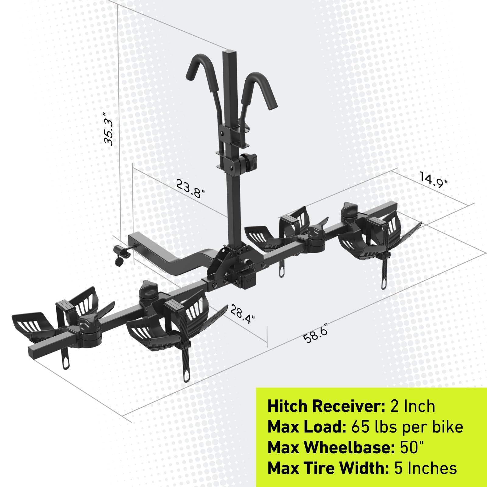 Vibrelli Hitch Bike Rack for 2 Electric Bikes - Heavy Duty 65lbs Capacity per Bike - Fits Fat Tire, Mountain & Road Bikes - Anti-Wobble Design for Cars & SUVs - Foldable Tilting Platform - Perfect for Road Trips, Camping & Outdoor Adventures