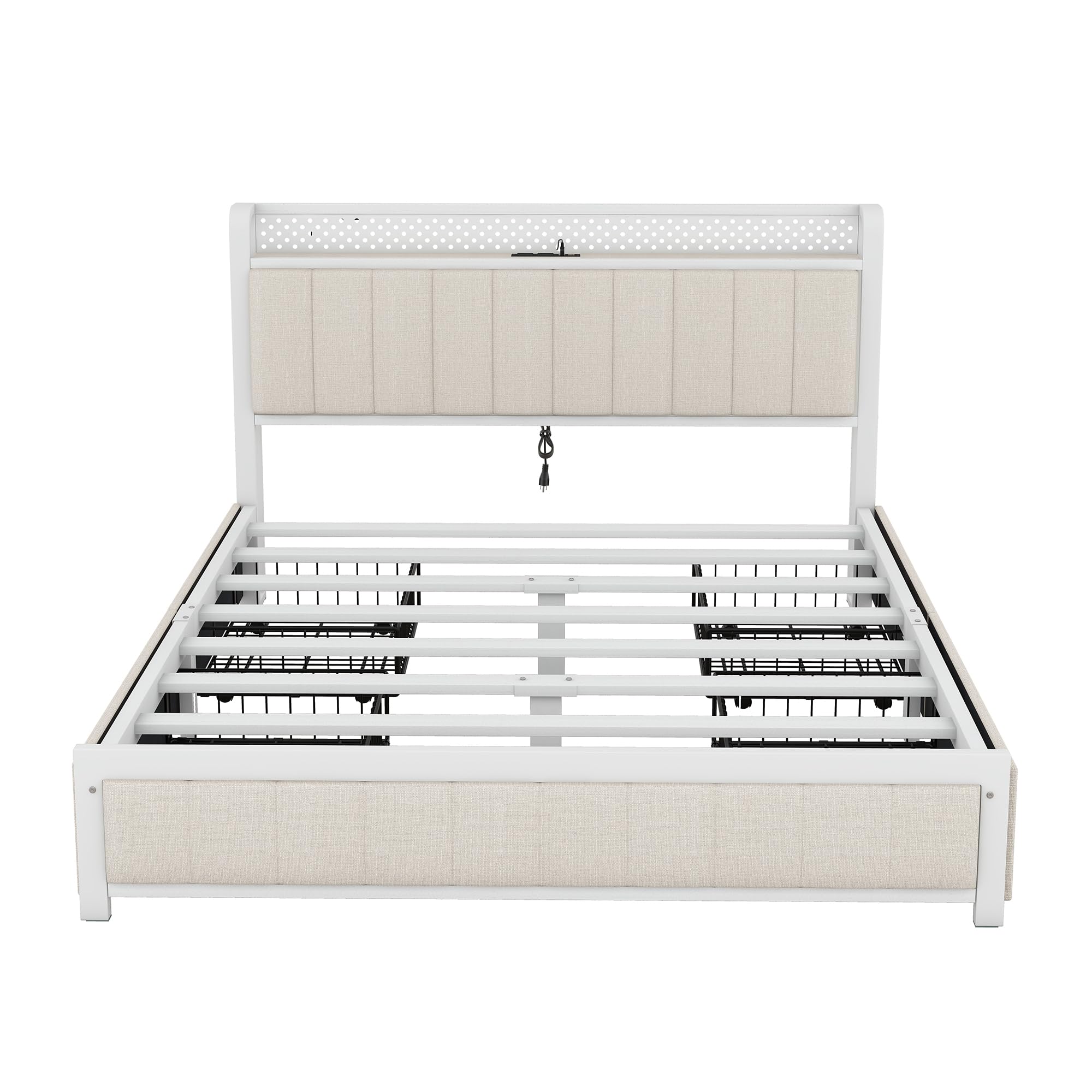 Harper & Bright Designs Queen LED Bed Frame with Storage Headboard - Upholstered Platform Bed with 4 Drawers, USB Charging Station & Noise-Free Metal Frame, Beige - Perfect for Modern Bedrooms, Guest Rooms & Small Spaces