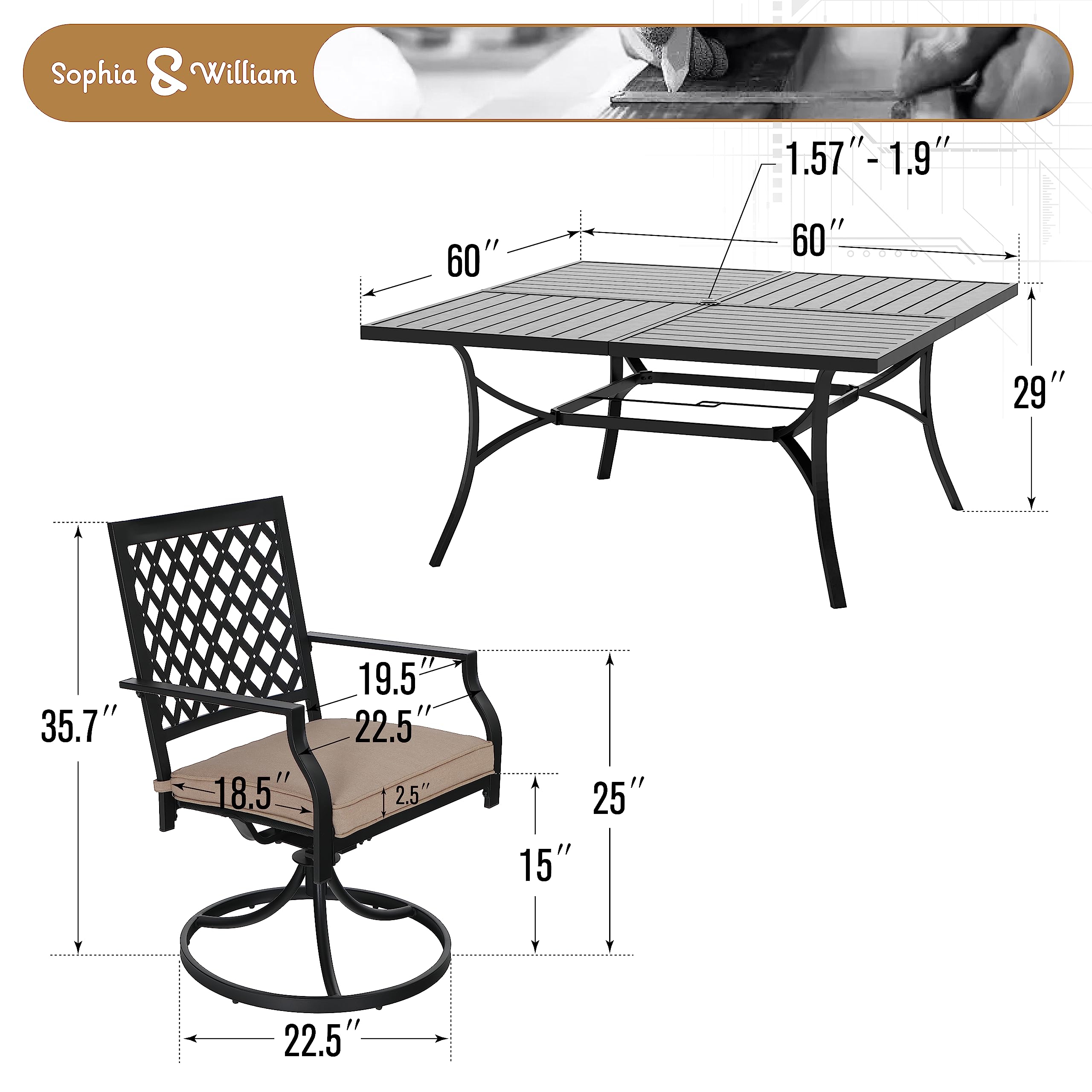 Sophia & William 9-Piece Outdoor Dining Set - Large Square Patio Table with 8 Swivel Rocking Chairs & Cushions - Black Metal Garden Furniture for Backyard, Bistro, Poolside & Outdoor Entertaining