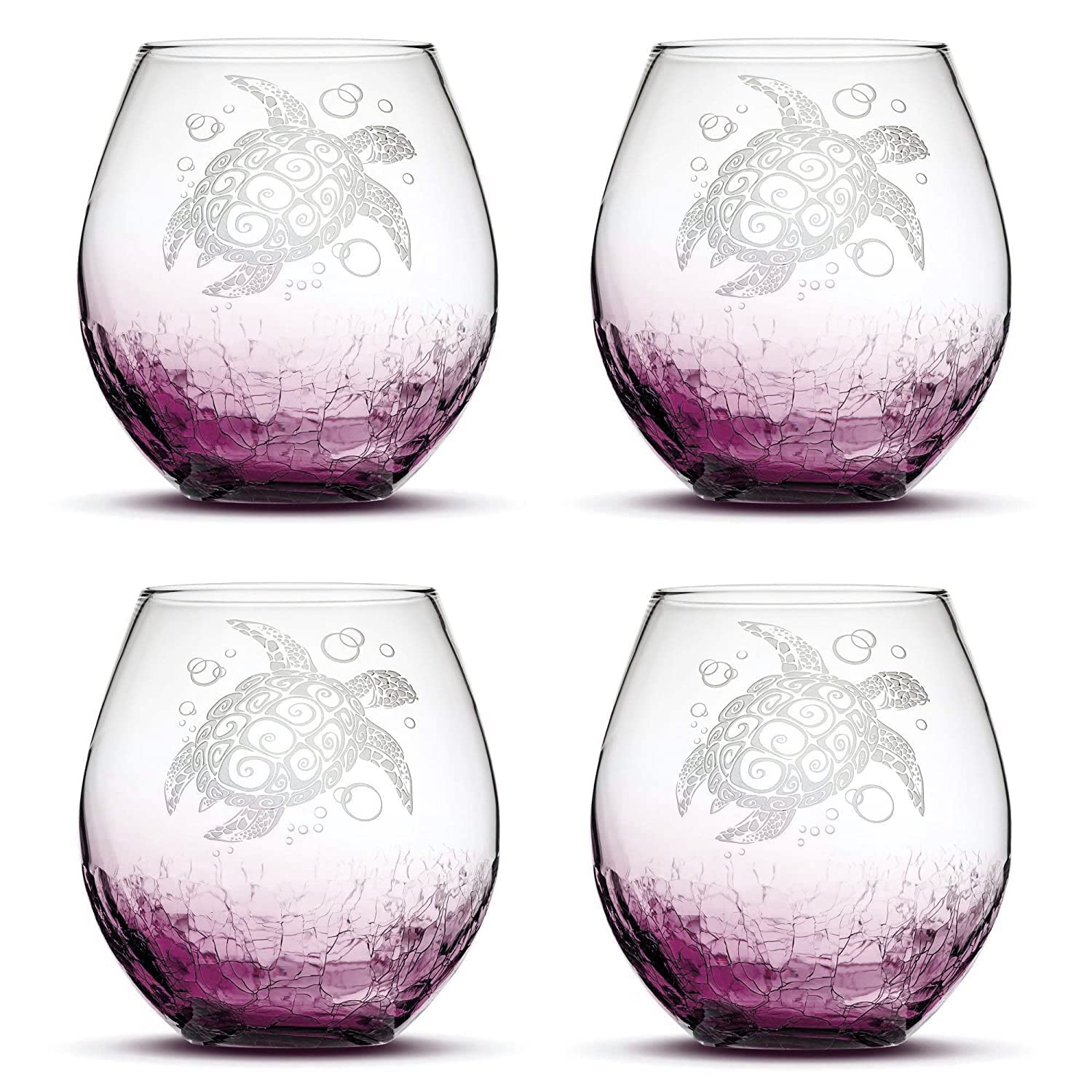 Handmade Tribal Sea Turtle Stemless Wine Glasses - Set of 4, 18oz Crackle Purple, Handblown & Sand Carved Glassware - Perfect for Beach Parties, Tropical Decor, and Unique Gift Giving