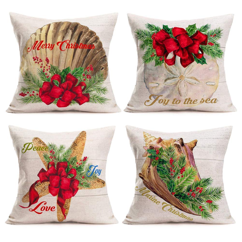FJPT Christmas Throw Pillow Covers Set of 4 - Coastal Starfish Seashell Conch Marine Life Decor for Sofa, Couch, Bed | Holiday Home Decor, Xmas Living Room Accent, Coastal Theme Bedroom