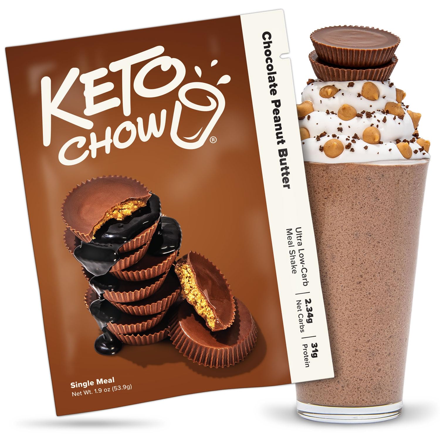 Keto Chow Chocolate Peanut Butter Meal Replacement Shake Powder - Low Carb, High Protein, Nutritionally Complete Keto Diet Shake for Weight Loss & Healthy Lifestyle - Perfect for Breakfast, Post-Workout or On-the-Go Nutrition