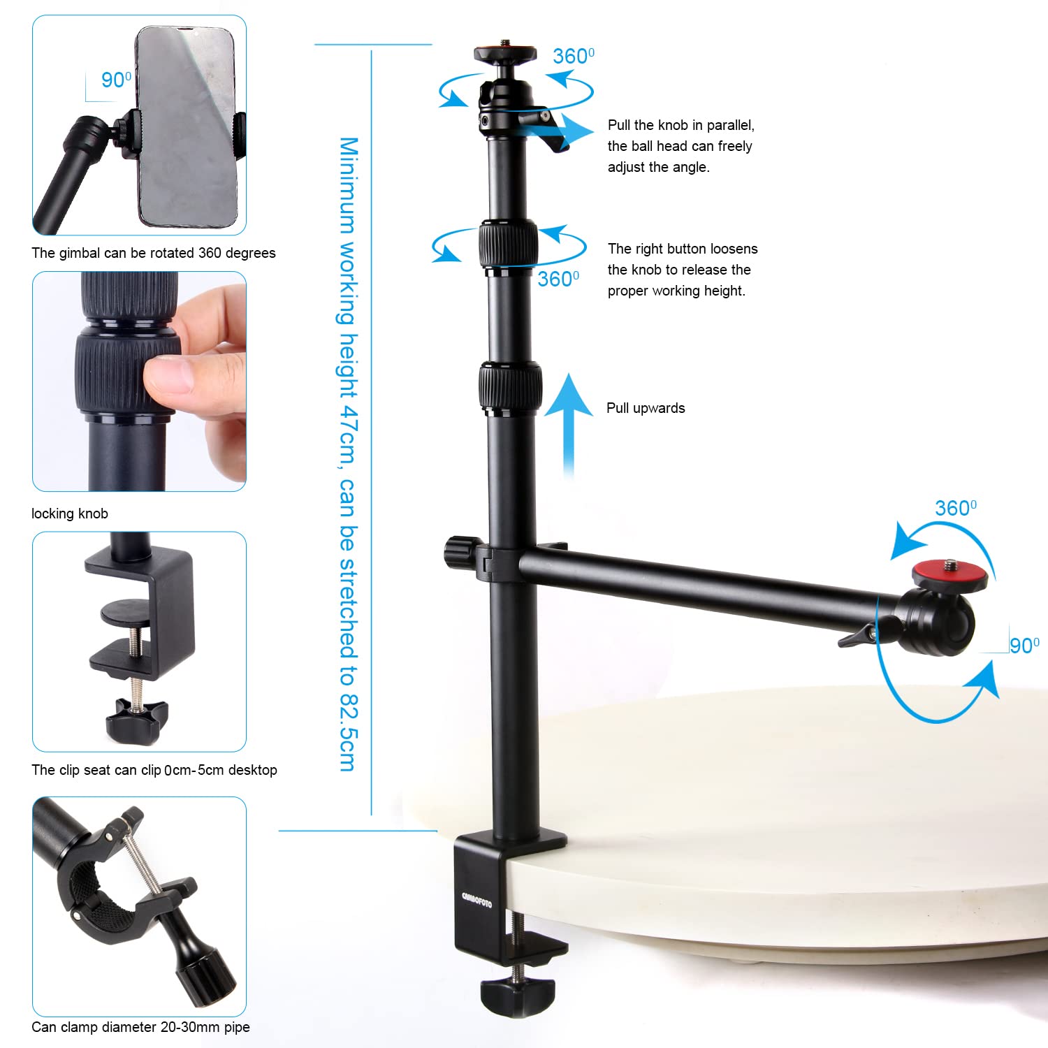 CAMBOFOTO Multifunctional Desktop Stand with 6.35mm Ball Head - Adjustable Tripod Mount for Camera, Microphone, Smartphone, Ring Light - Perfect for Photography, Live Streaming, Video Recording & Vlogging