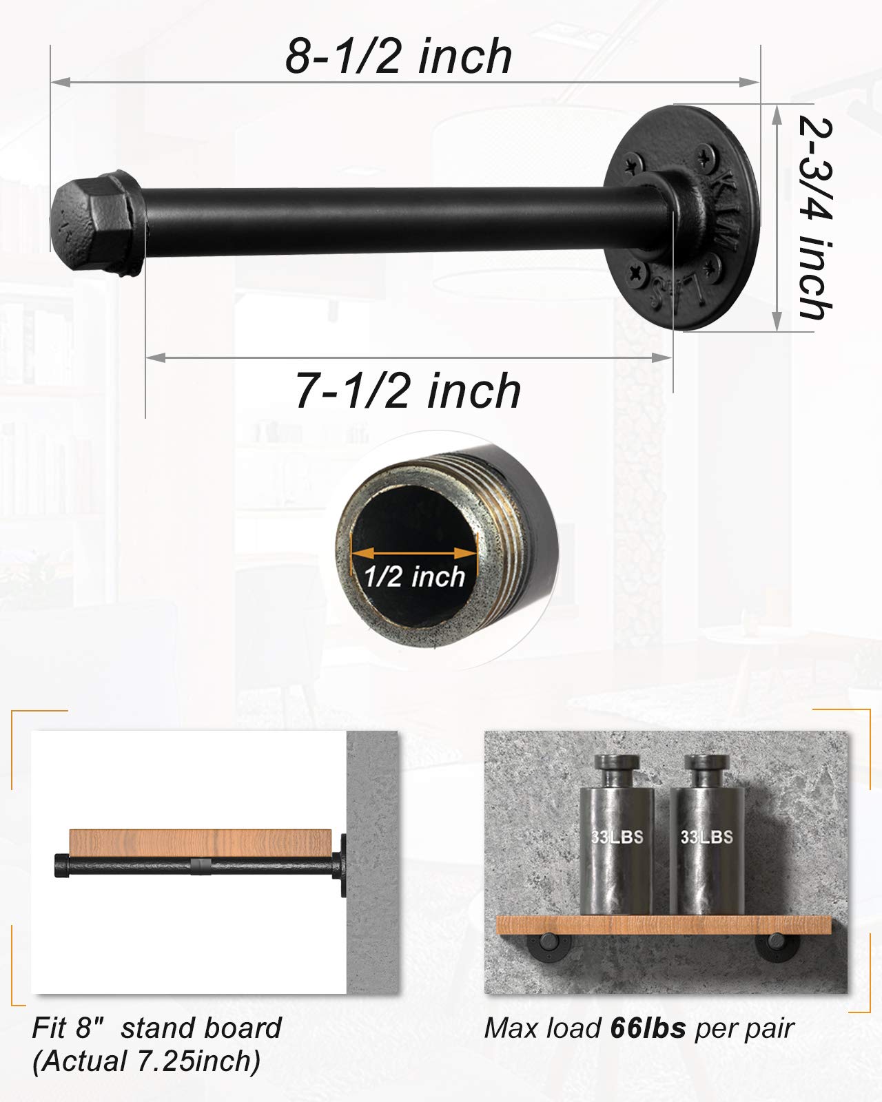 8-Inch Heavy Duty Iron Pipe Shelf Brackets for DIY Floating Shelves - Industrial Style Metal Shelving Supports (6 Pack, Black) - Perfect for Home Office, Kitchen, Bathroom & Garage Storage Organization