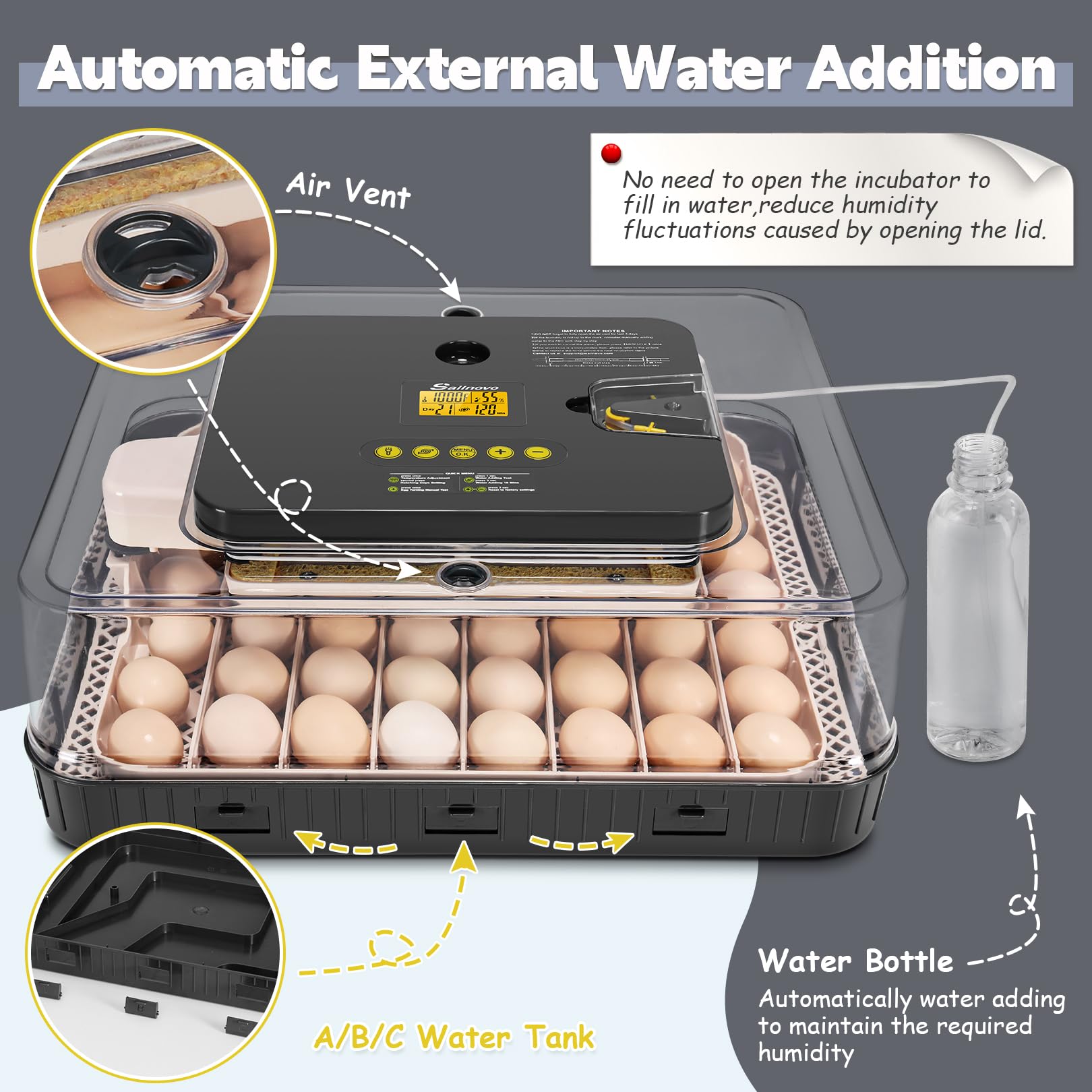 Sailnovo 56 Egg Incubator - Automatic Egg Turner, Temperature & Humidity Control, Built-in Candler for Chicken, Duck & Quail Eggs (18.7