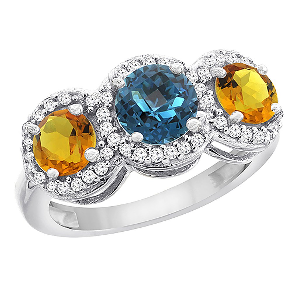 14K White Gold London Blue Topaz & Citrine Three Stone Ring with Diamond Accents - Size 5-10 | Elegant Birthstone Jewelry for Anniversary, Engagement & Special Occasion Gifts