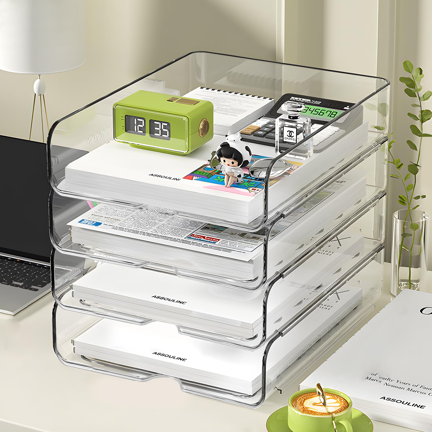 4-Tier Clear Stackable Paper Organizer for Desk - A4 File Storage Tray for Office Supplies, Documents & Mail - Perfect for Home Office, School & Workspace Organization