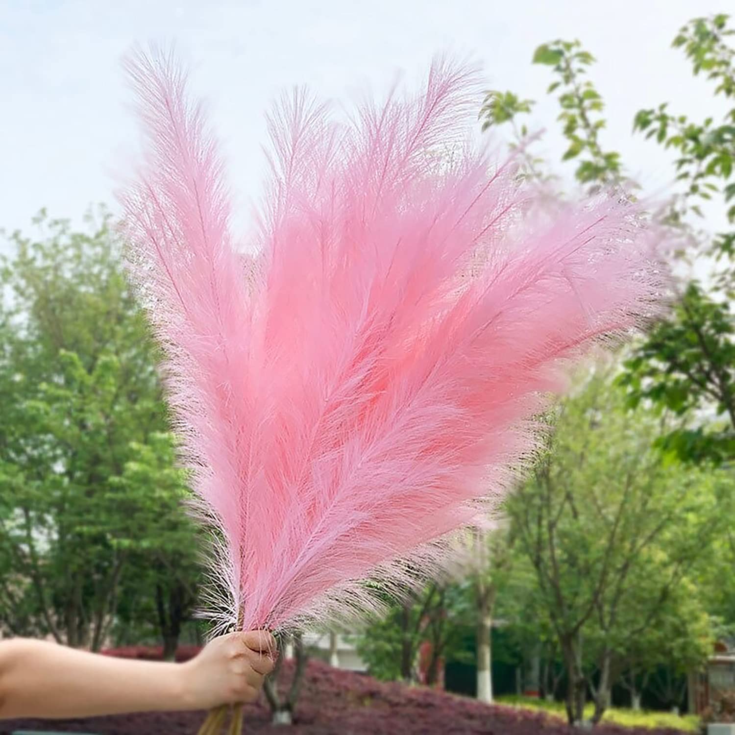 48 Inches (4 FT) Artificial Pampas Grass - 5 Large Stems with Bunny Tails, Tall Faux Dried Flowers for Floor Vase, Boho Wedding & Home Decor - Perfect for Living Room, Bedroom, or Wedding Centerpieces (Pink Reed)