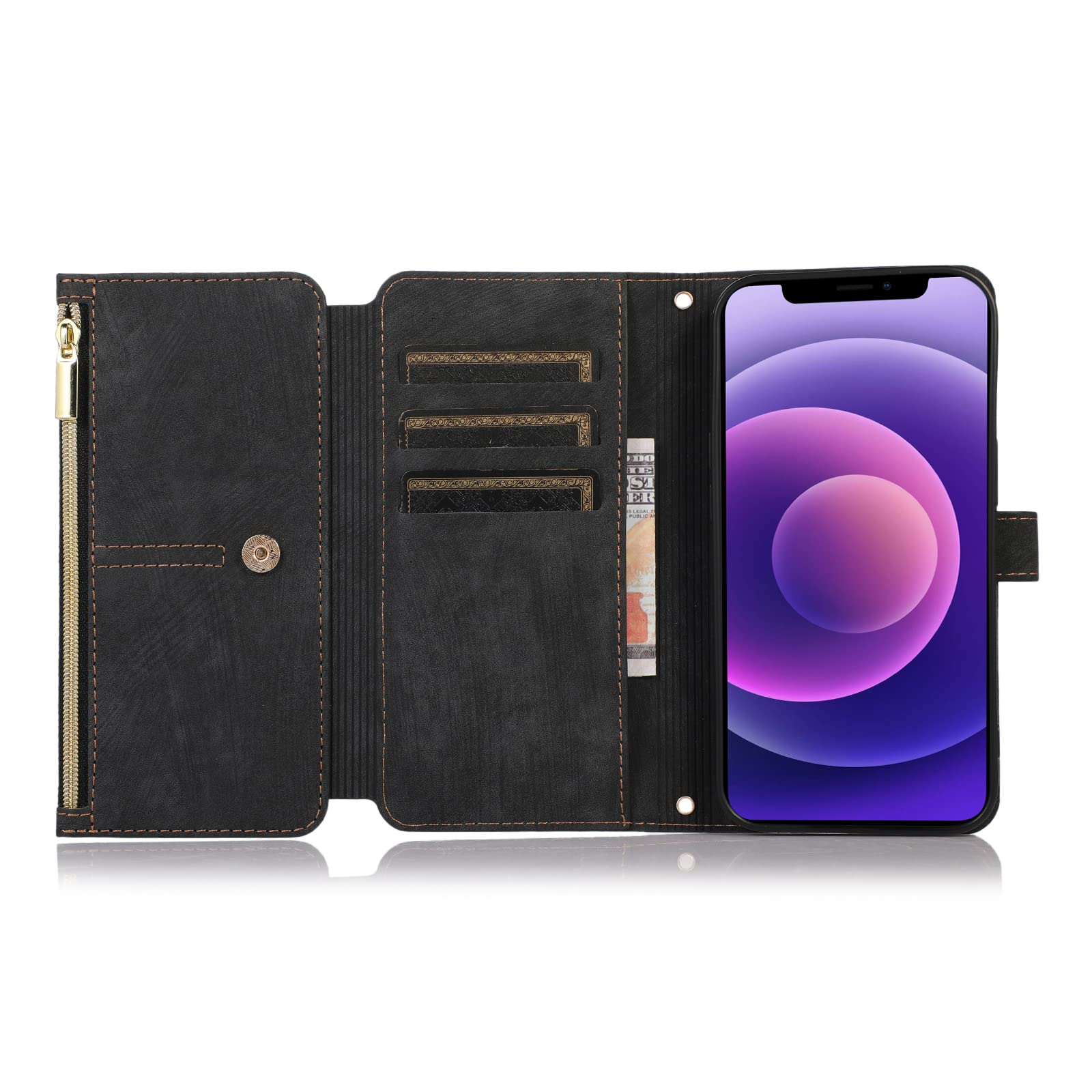 Premium Zipper Leather Wallet Case for iPhone 11 (6.1 inch) with Wrist Strap - Black | RFID Blocking Flip Cover for Credit Cards & Cash | Perfect for Travel, Shopping & Daily Use